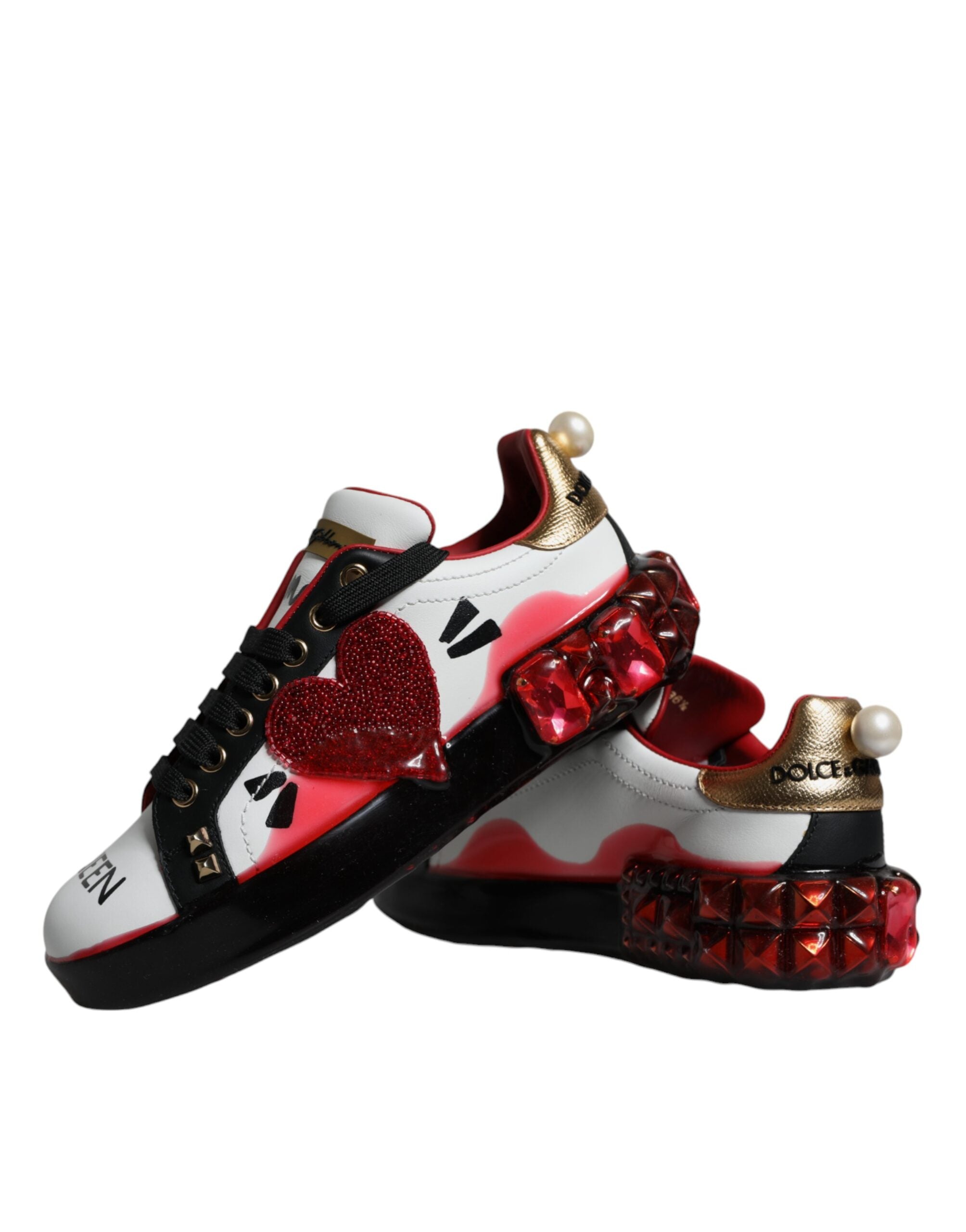 Dolce & Gabbana White Leather Red Crystals Portofino Sneakers Shoes Glam Steals