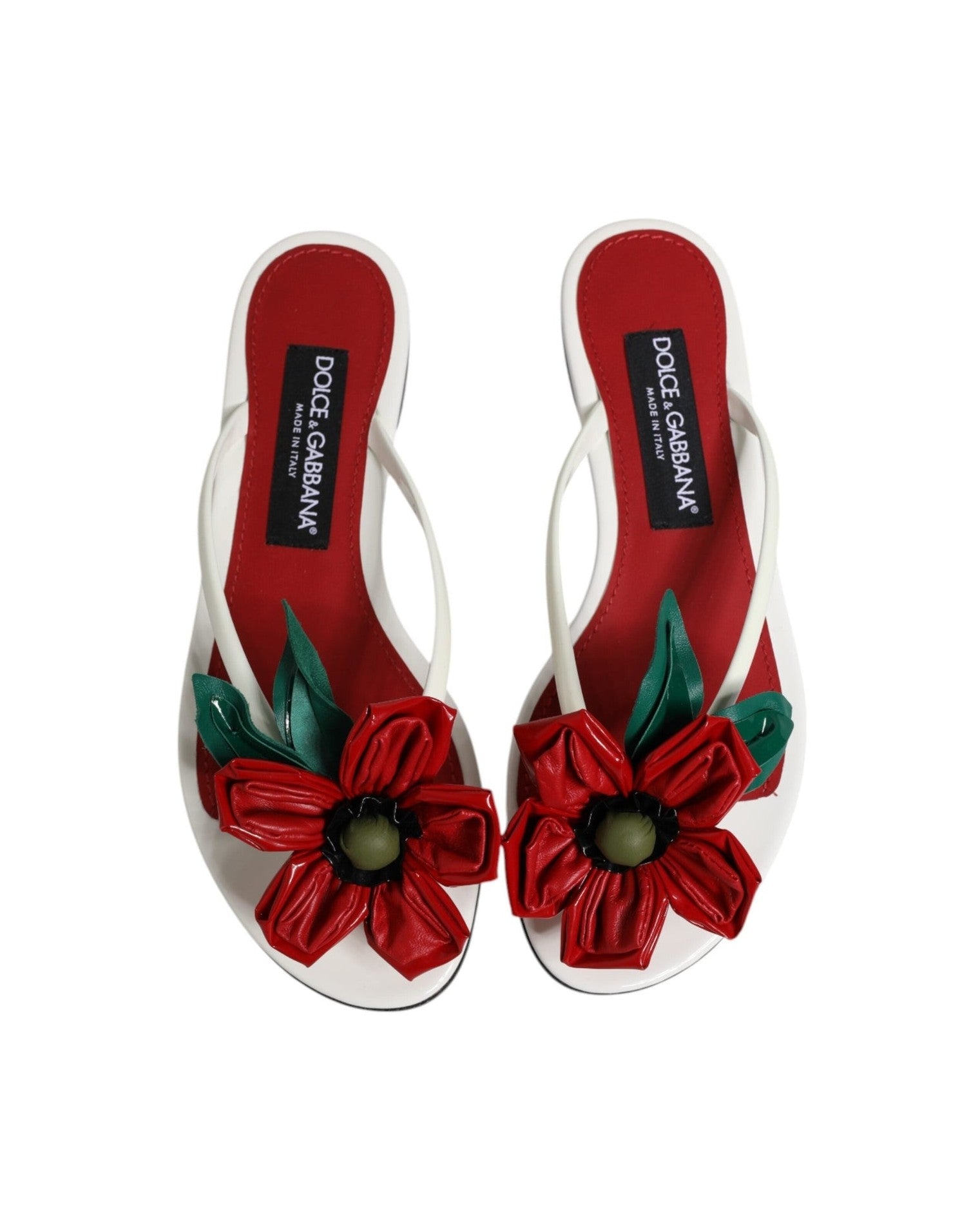 Dolce & Gabbana White Leather Red Keira Flower Sandals Shoes Glam Steals