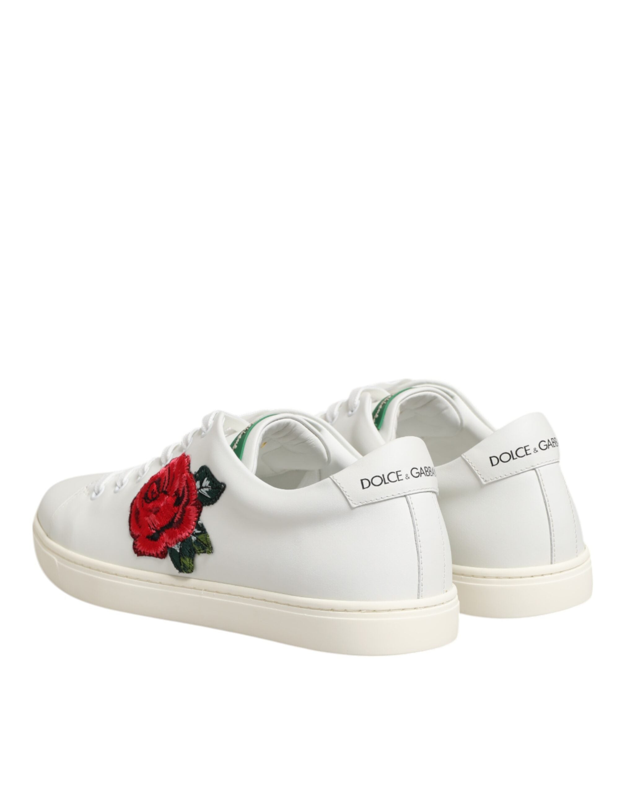 Dolce & Gabbana White Leather Rose Embroidery Low Top Shoes Glam Steals
