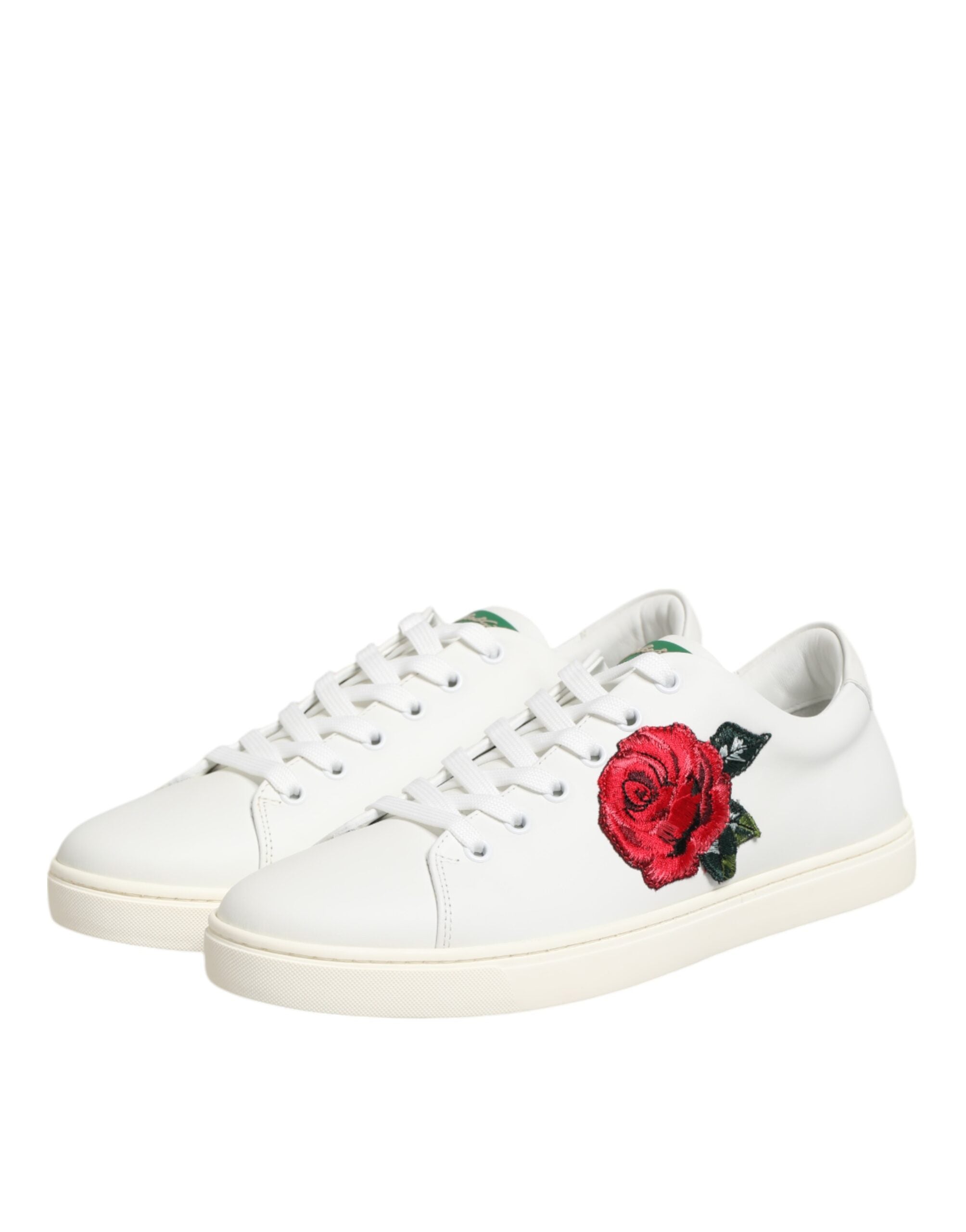 Dolce & Gabbana White Leather Rose Embroidery Low Top Shoes Glam Steals