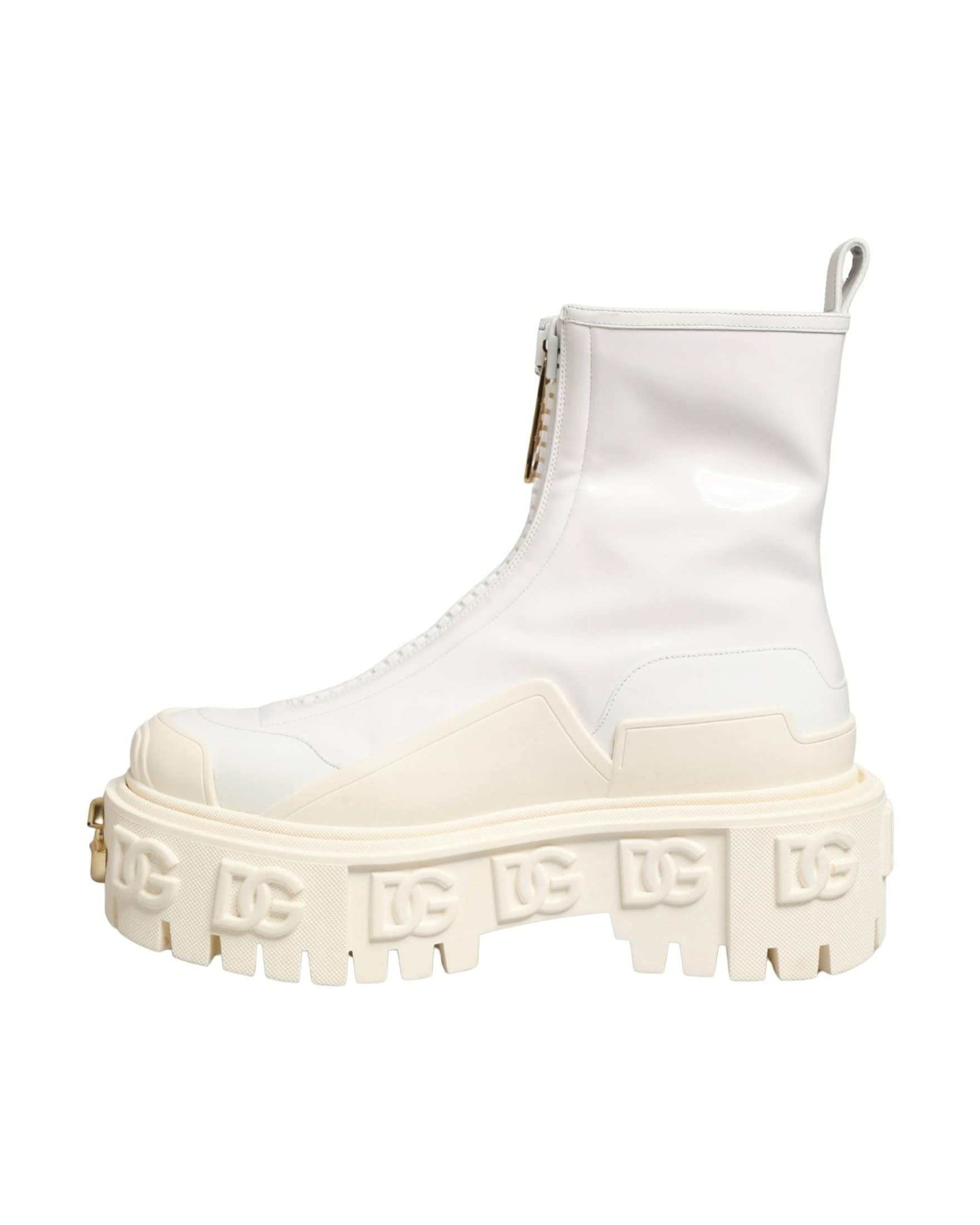 Dolce & Gabbana White Leather Rubber Logo Ankle Boots