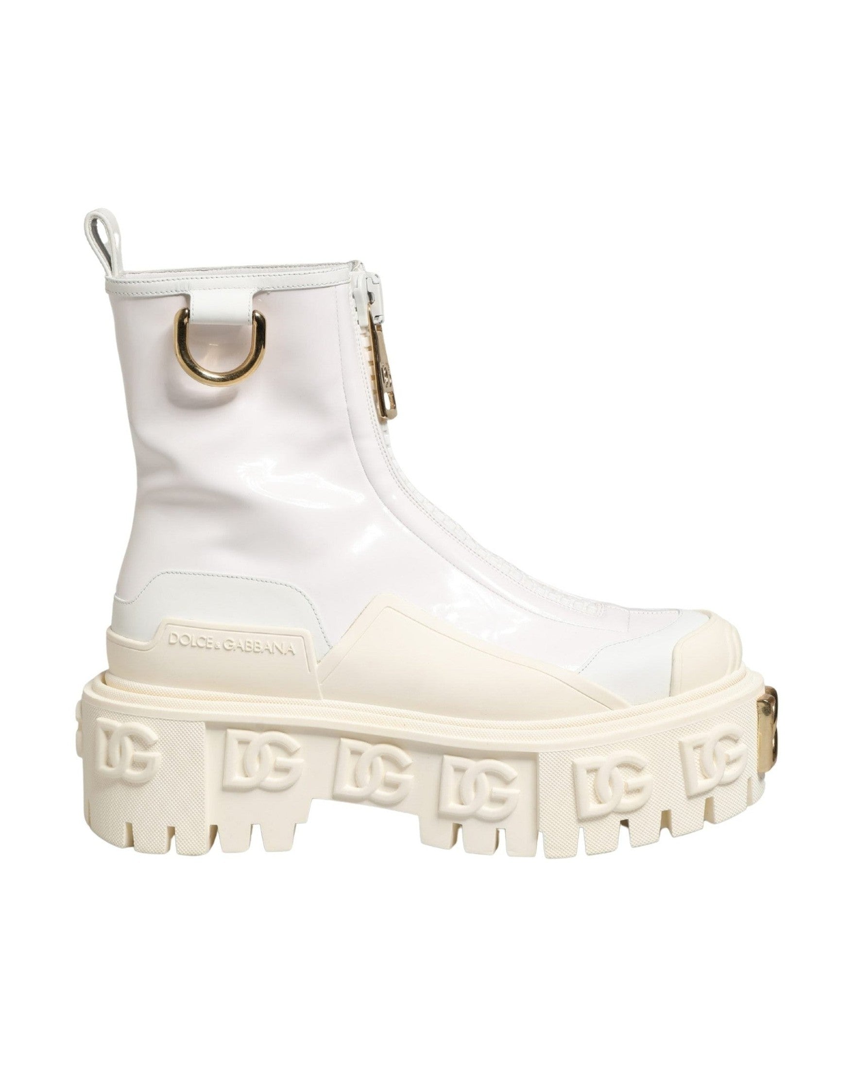 Dolce & Gabbana White Leather Rubber Logo Ankle Boots