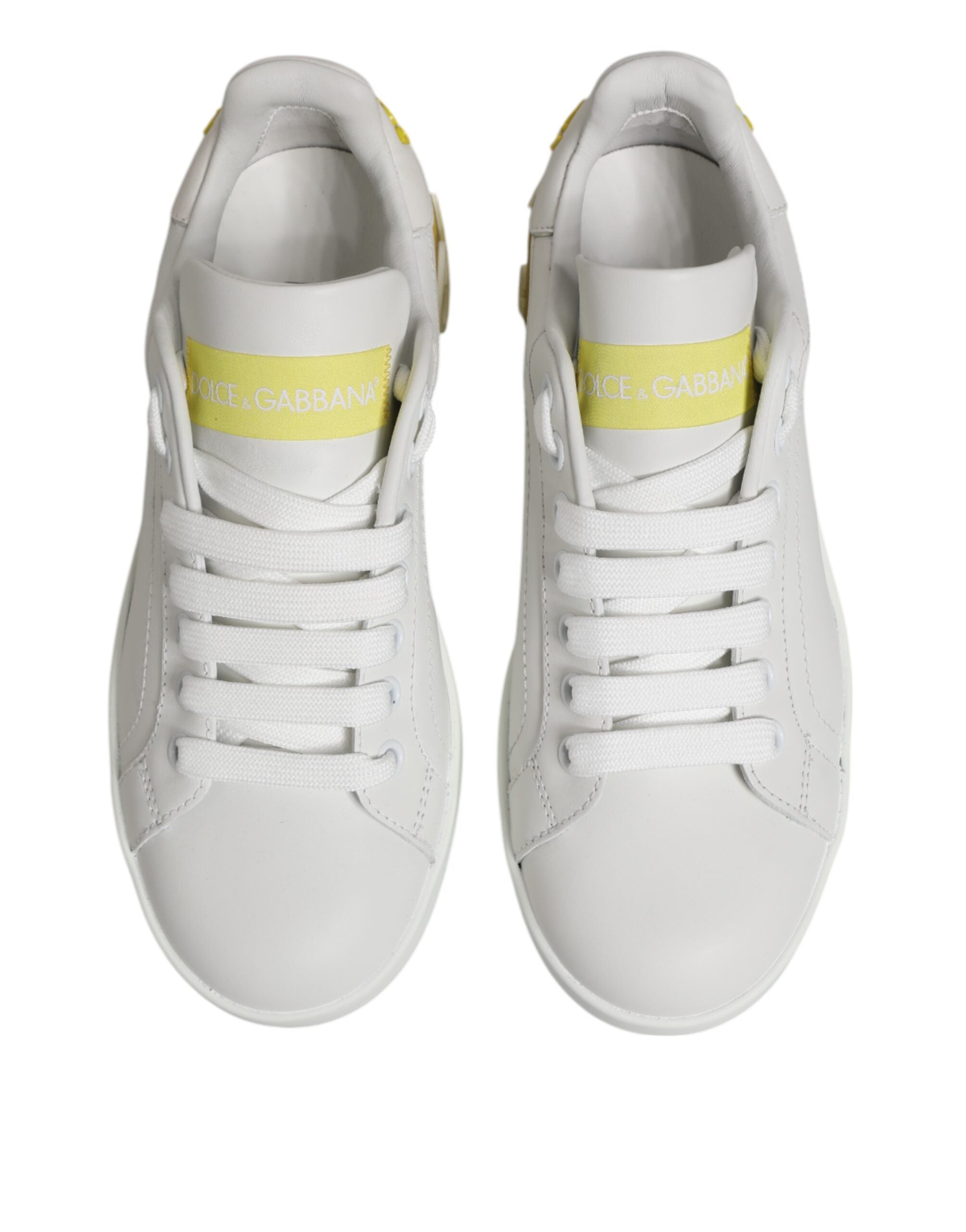 Dolce & Gabbana White Leather Yellow Low Top Sneakers Shoes Glam Steals