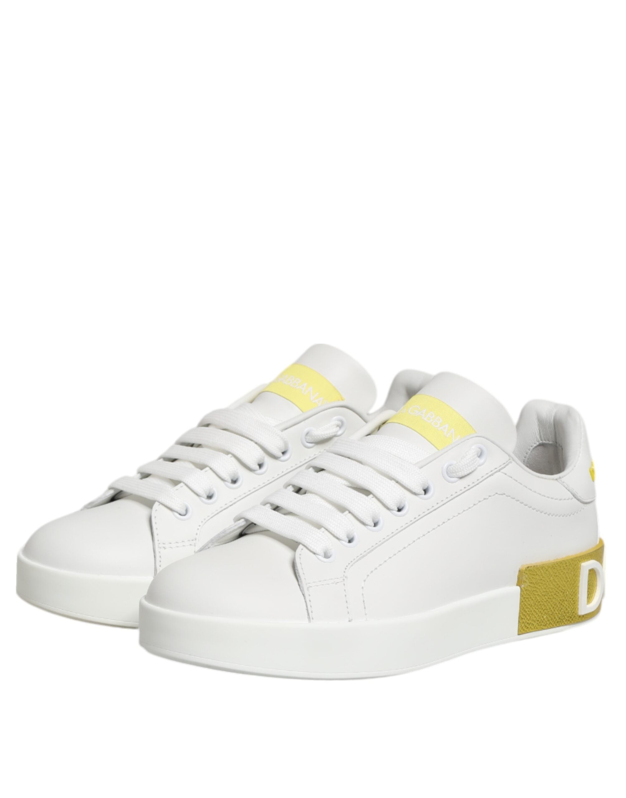 Dolce & Gabbana White Leather Yellow Low Top Sneakers Shoes Glam Steals