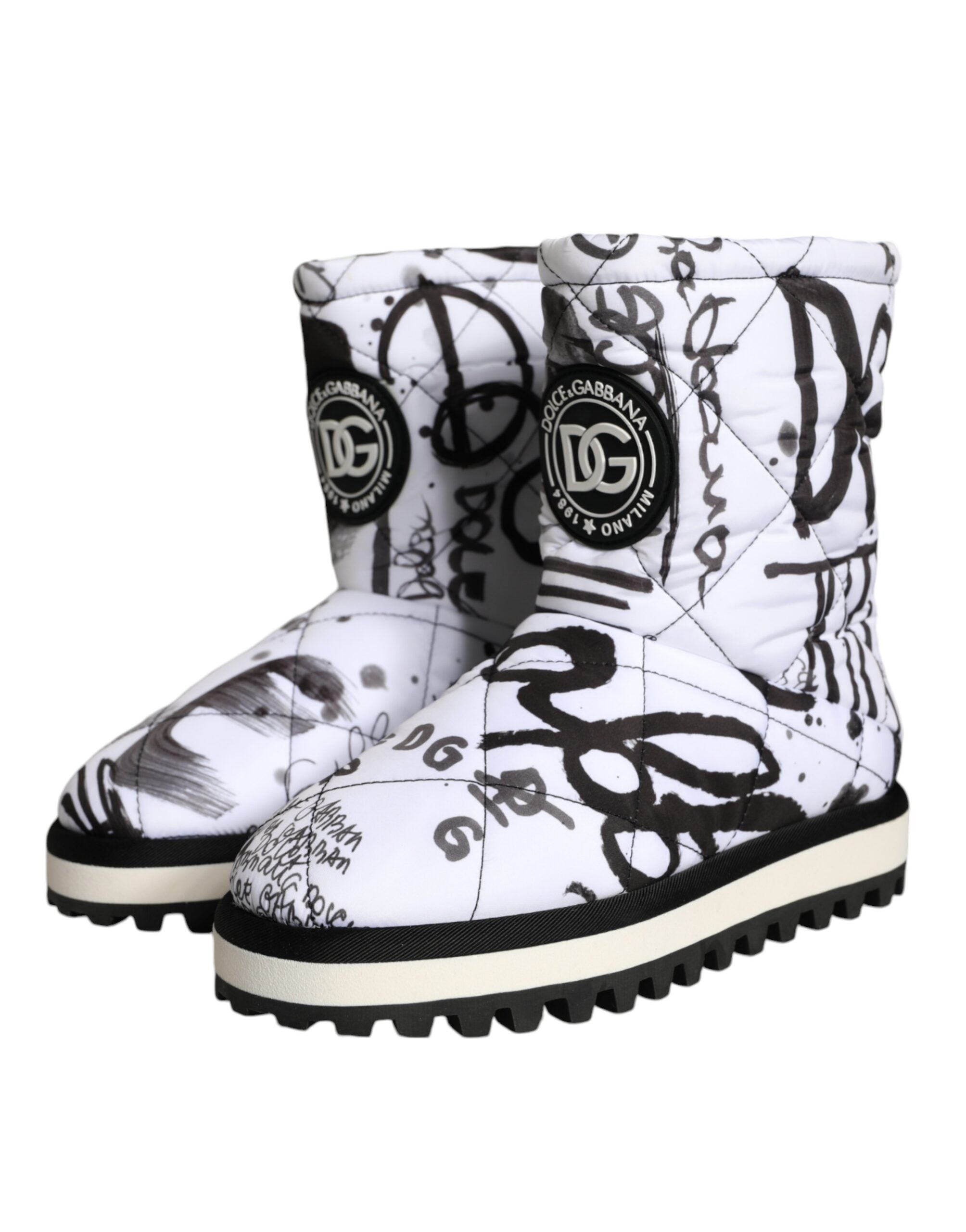 Dolce & Gabbana White Padded Logo Print Mid Calf Boots Shoes Glam Steals