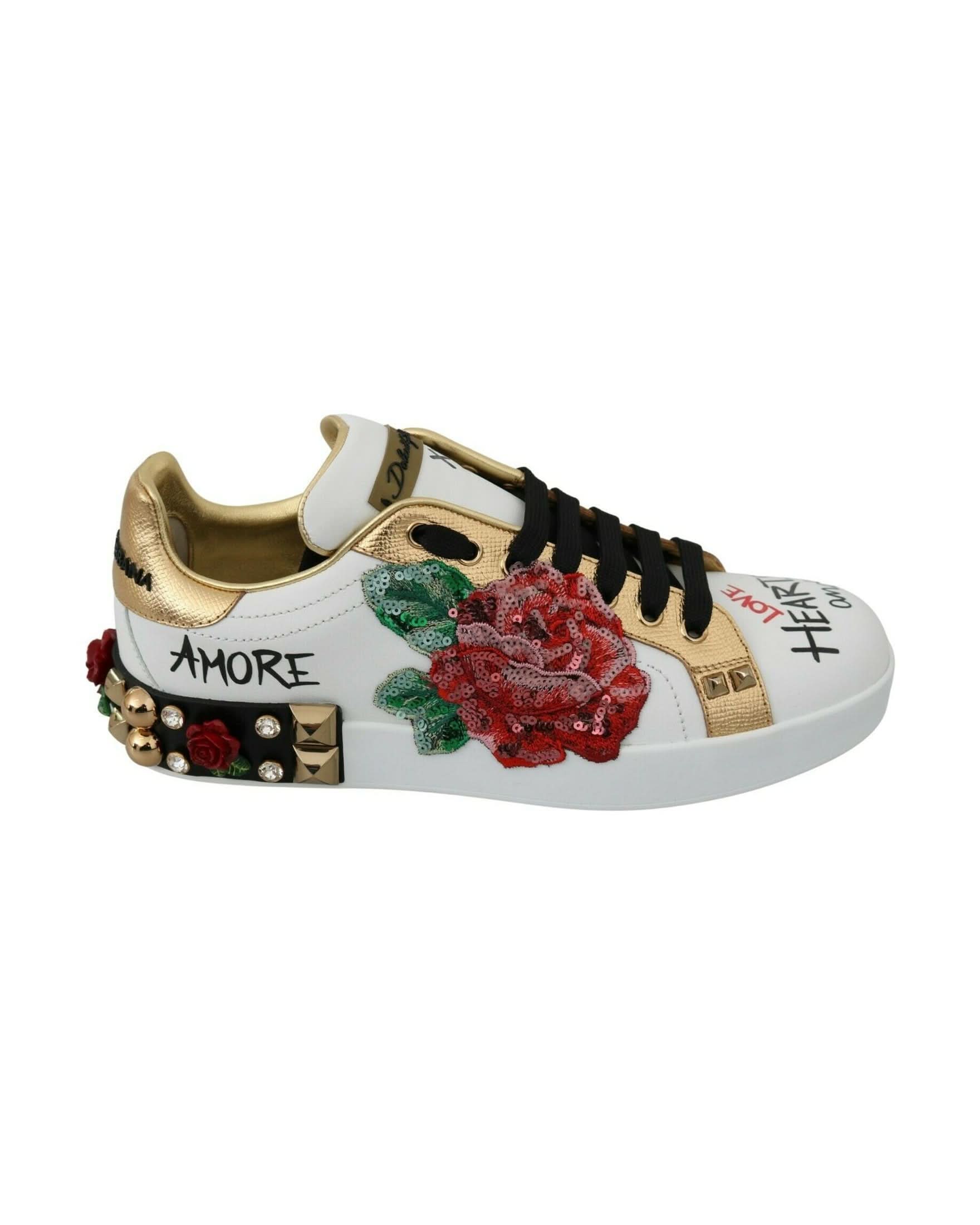 Dolce & Gabbana White Roses Sequined Crystal Sneakers Sneakers