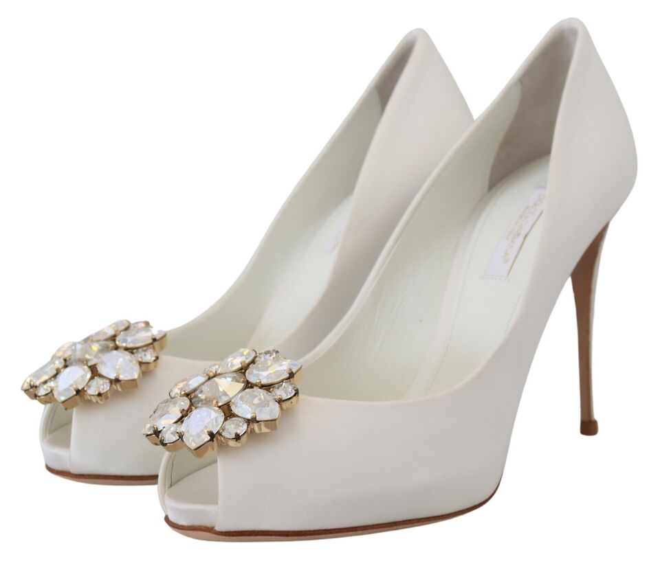 Dolce & Gabbana White Satin Crystals Peep Toe Heel Pumps Glam Steals