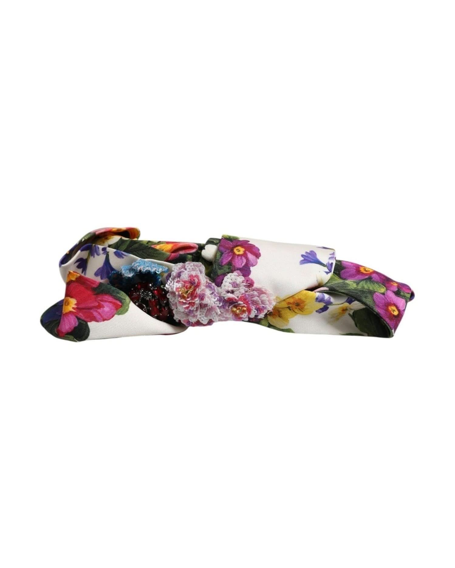 Dolce & Gabbana White Silk Floral Bow Crystal Embellished Headband Headbands