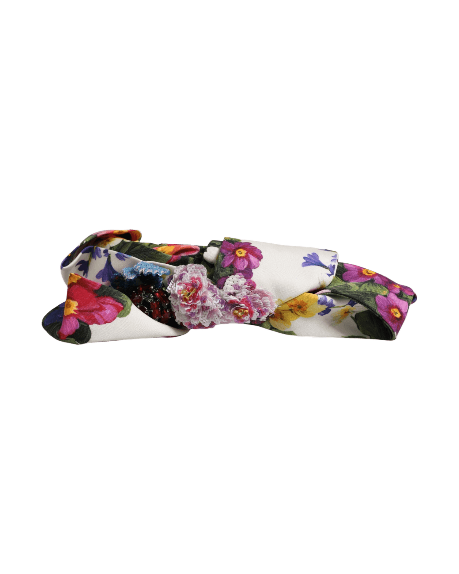 Dolce & Gabbana White Silk Floral Bow Crystal Embellished Headband Headbands