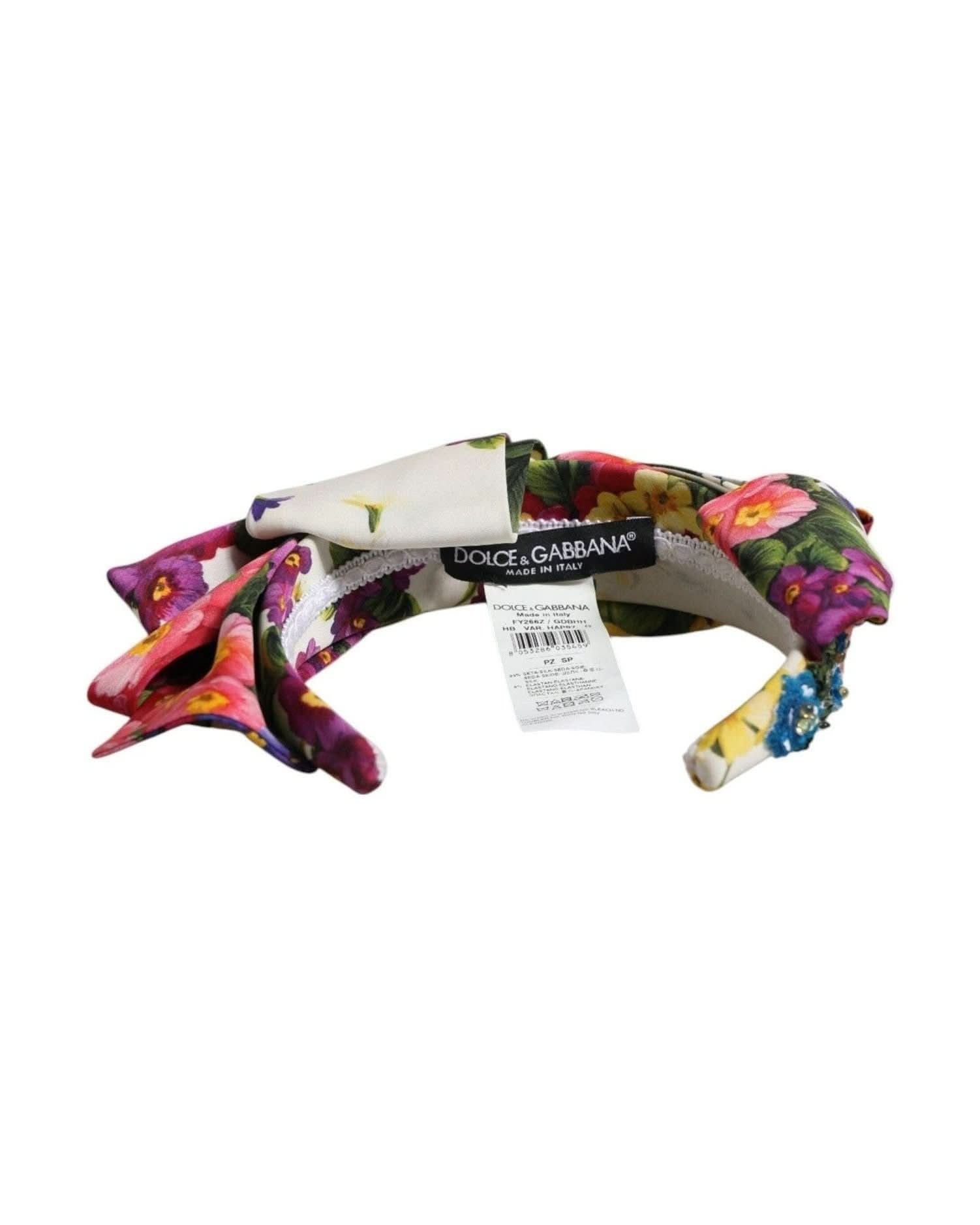 Dolce & Gabbana White Silk Floral Bow Crystal Embellished Headband Headbands