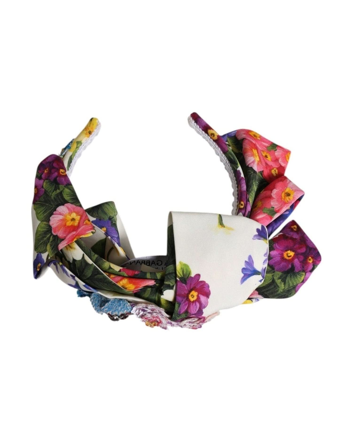 Dolce & Gabbana White Silk Floral Bow Crystal Embellished Headband Headbands
