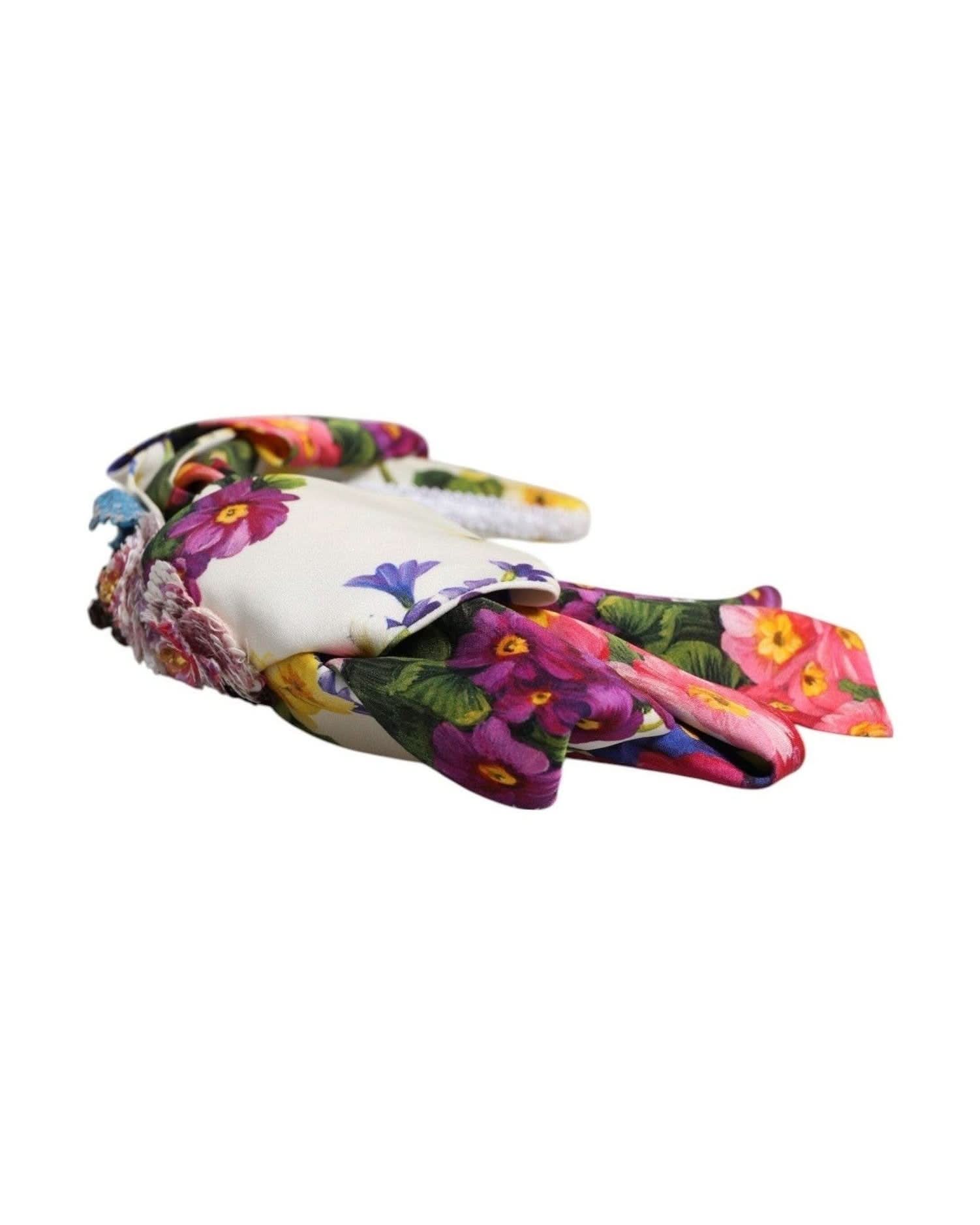 Dolce & Gabbana White Silk Floral Bow Crystal Embellished Headband Headbands