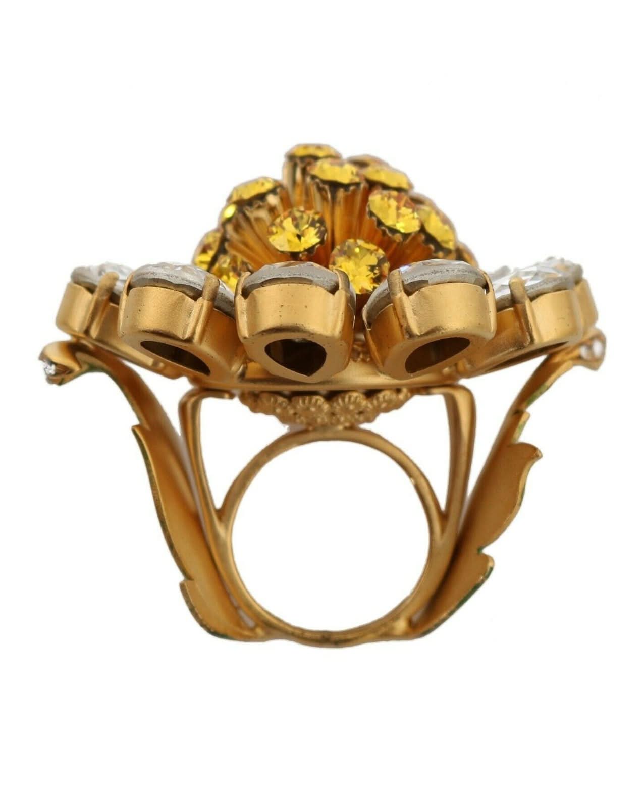 Dolce & Gabbana Yellow Gold Brass Crystal Flower Ring Glam Steals