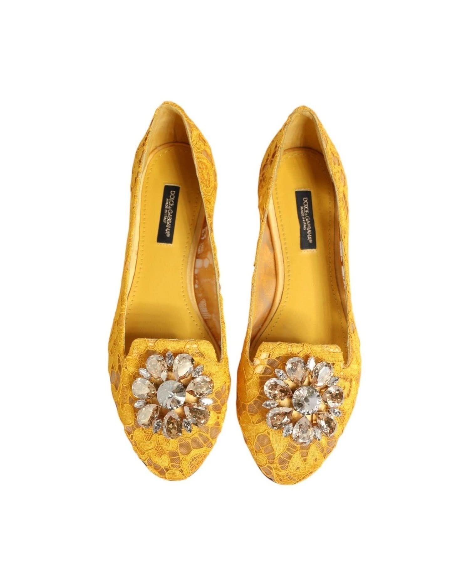 Dolce & Gabbana Yellow Lace Taormina Crystals Flats Shoes Shoes