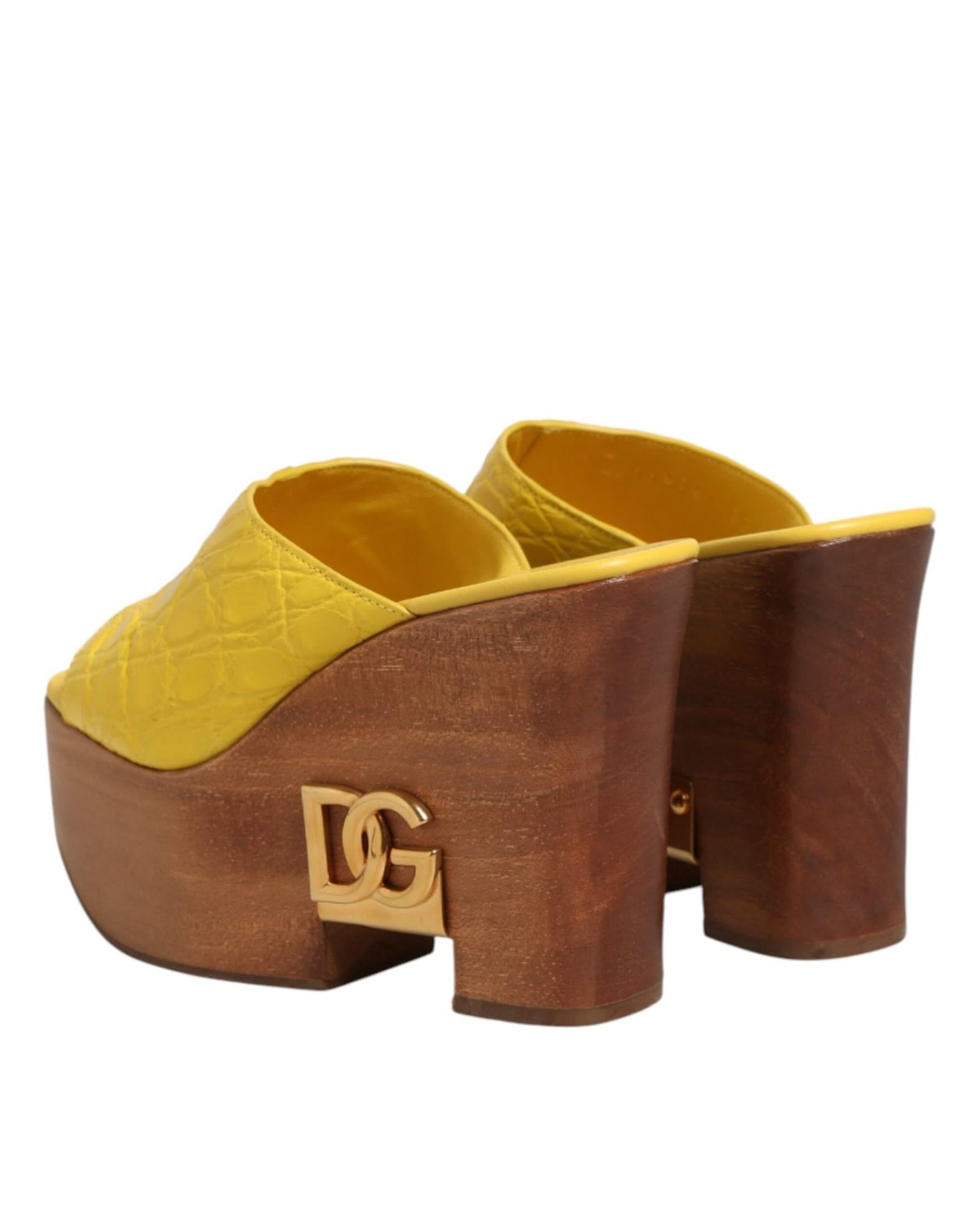 Dolce & Gabbana Yellow Leather Wood Mule Wedge Slides Shoes Sandals