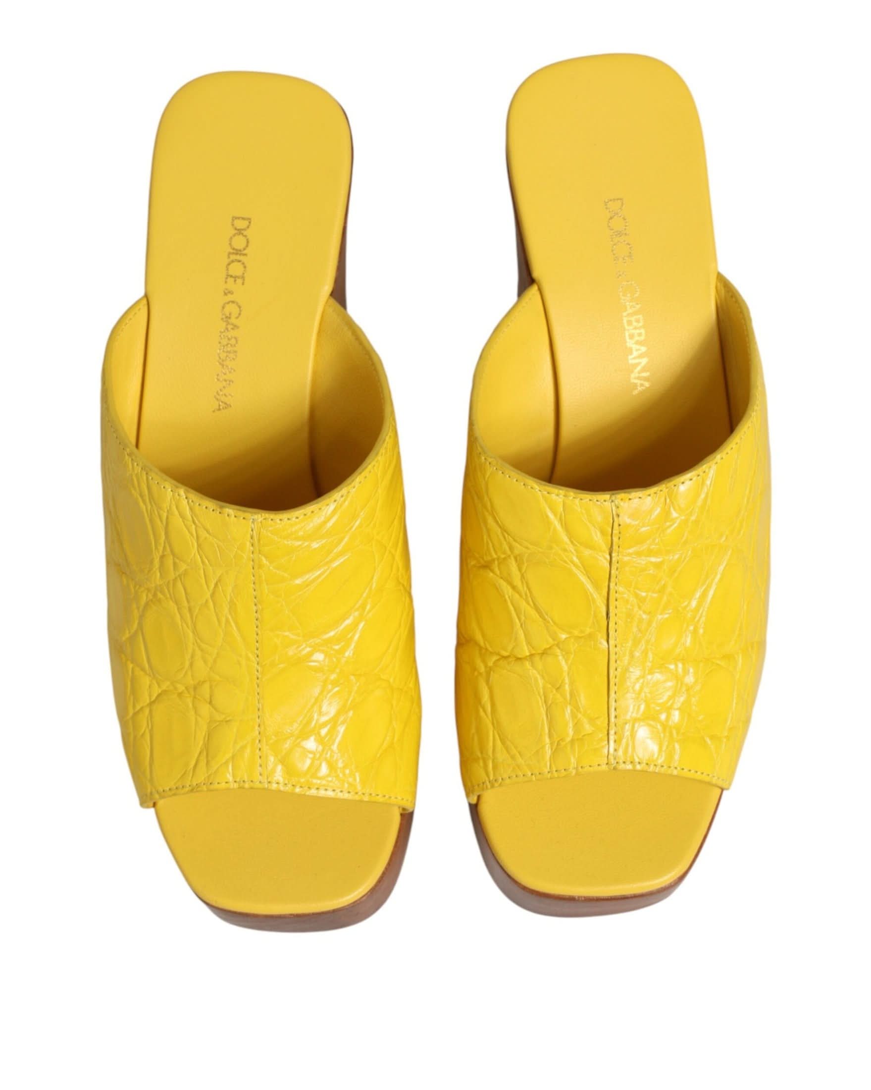 Dolce & Gabbana Yellow Leather Wood Mule Wedge Slides Shoes Sandals