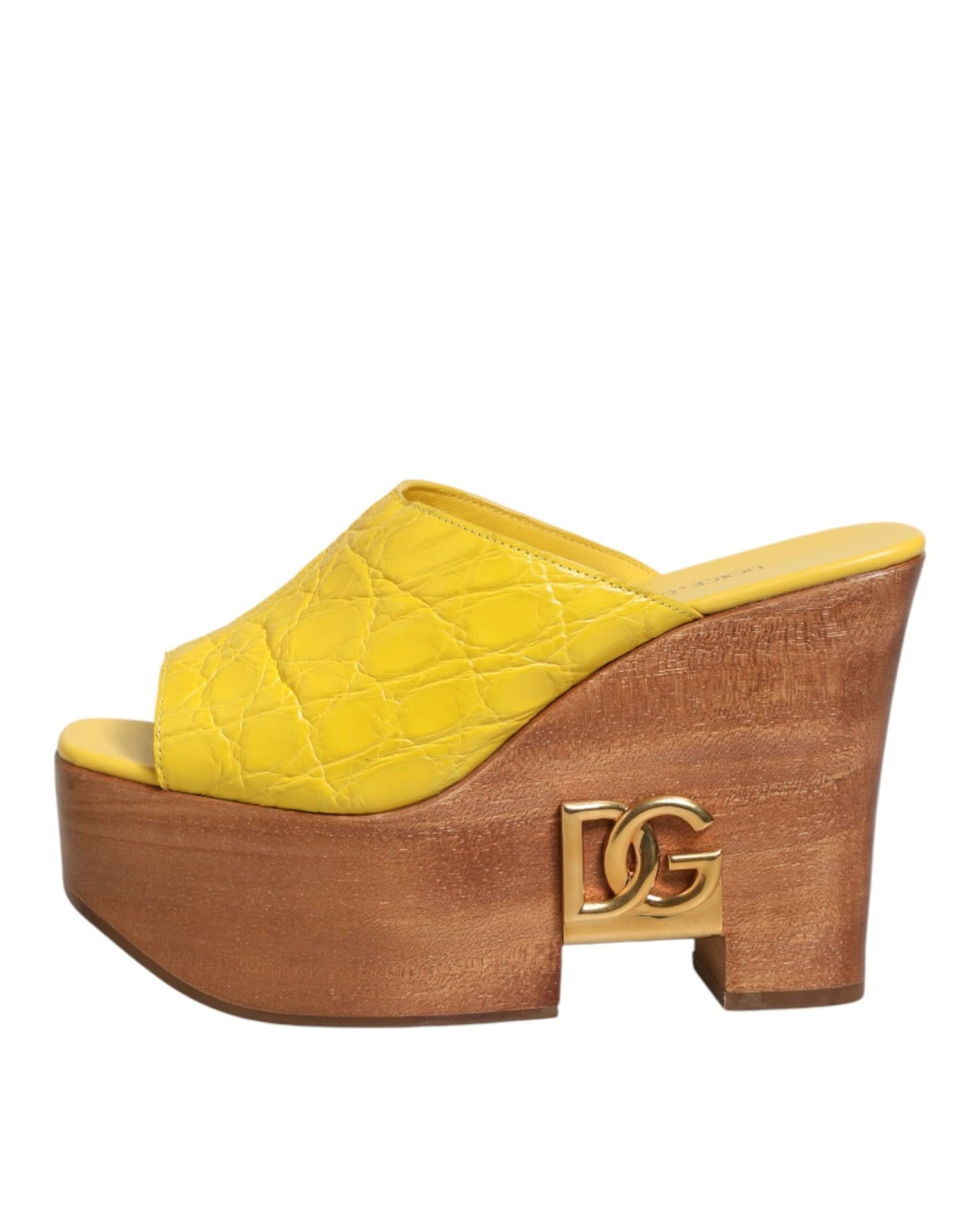 Dolce & Gabbana Yellow Leather Wood Mule Wedge Slides Shoes Sandals