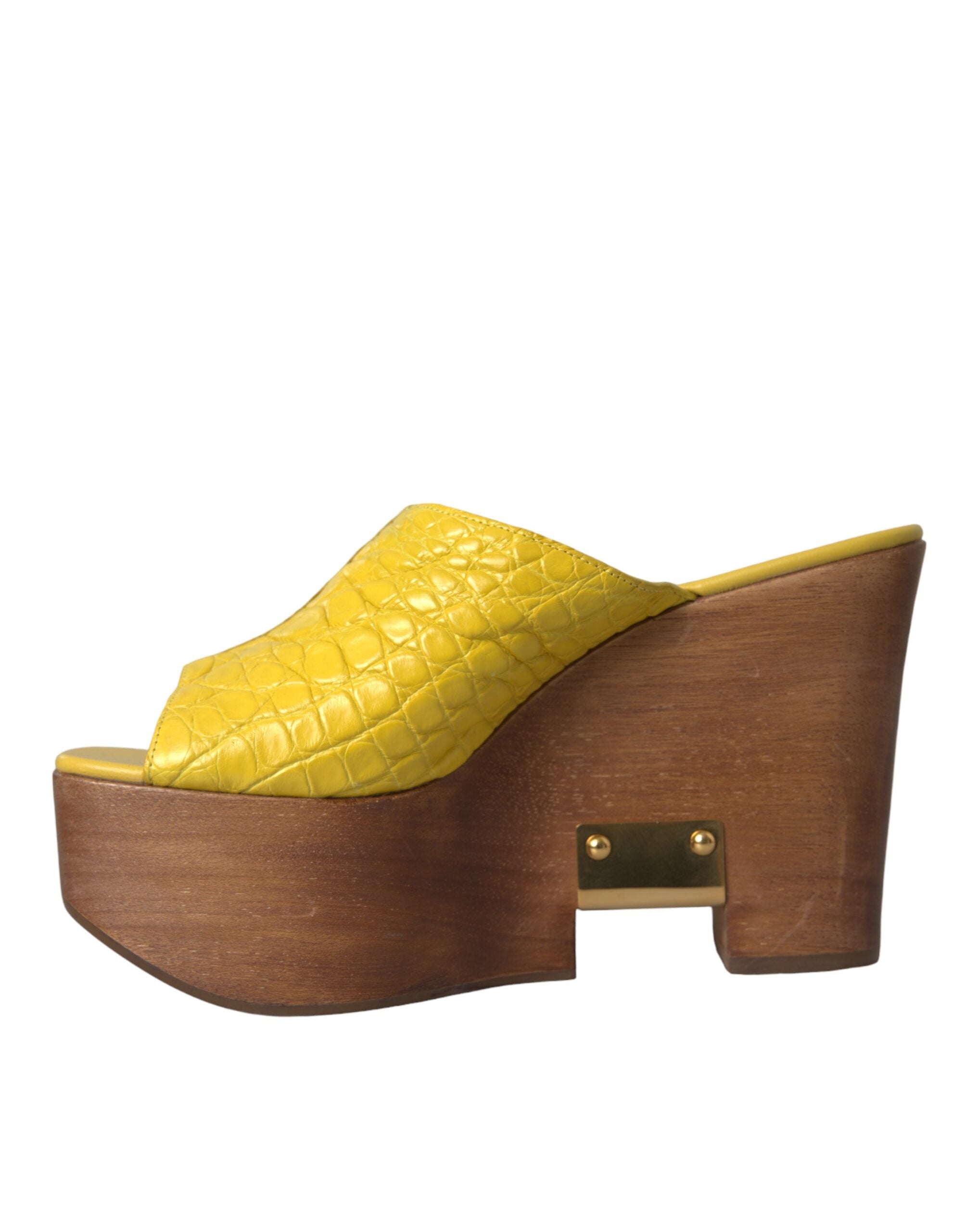 Dolce & Gabbana Yellow Leather Wood Mule Wedge Slides Shoes Glam Steals