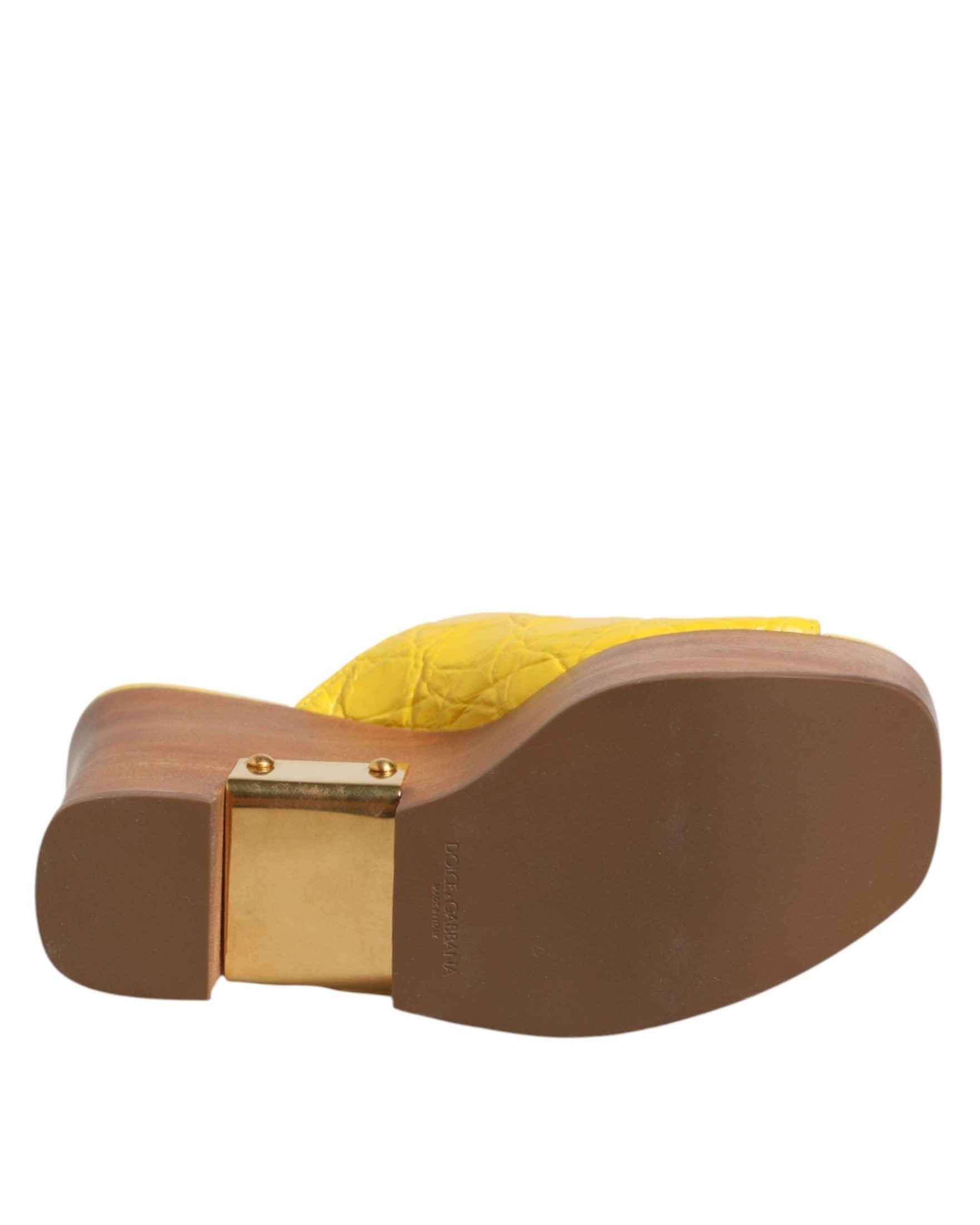 Dolce & Gabbana Yellow Leather Wood Mule Wedge Slides Shoes Sandals