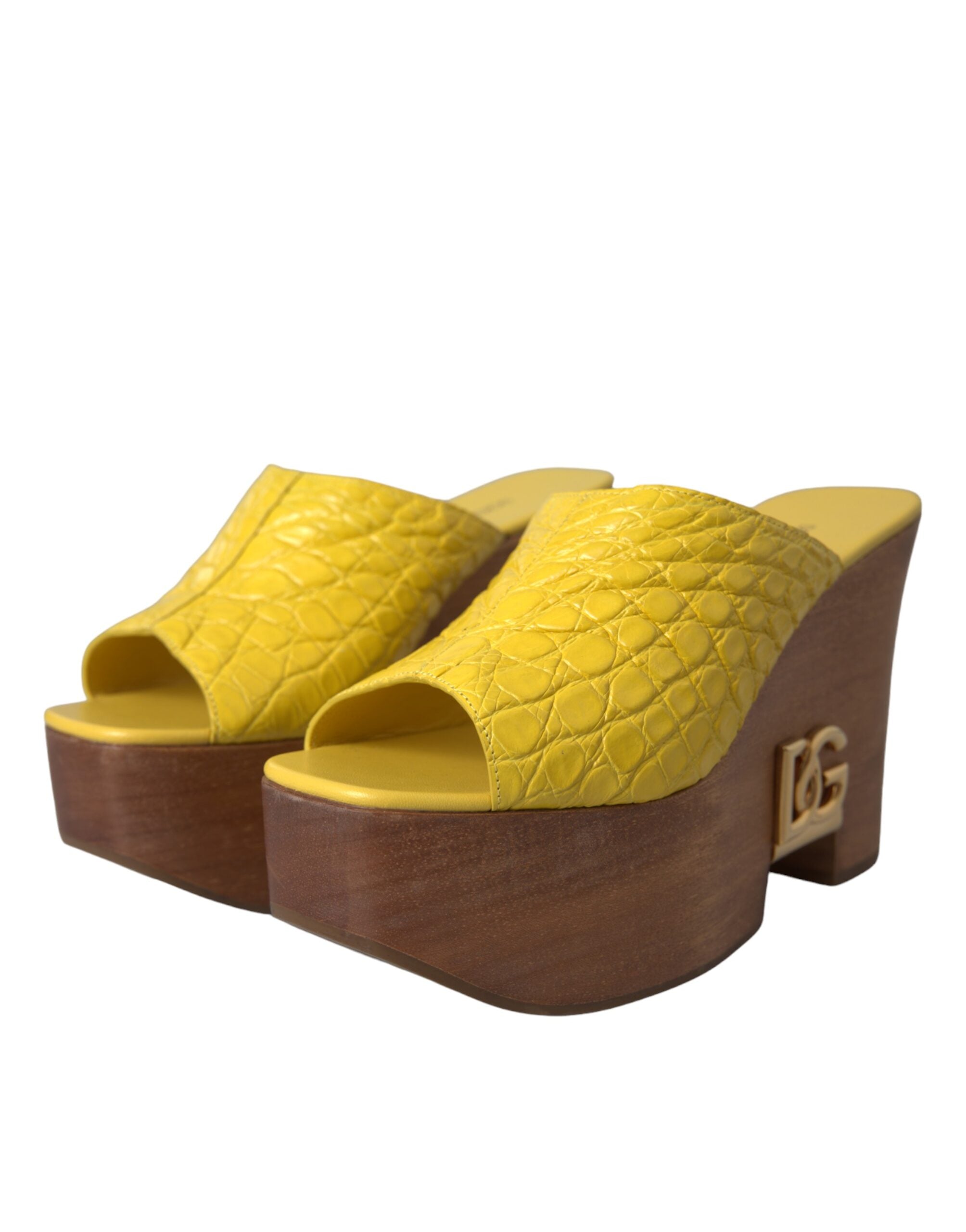 Dolce & Gabbana Yellow Leather Wood Mule Wedge Slides Shoes Glam Steals