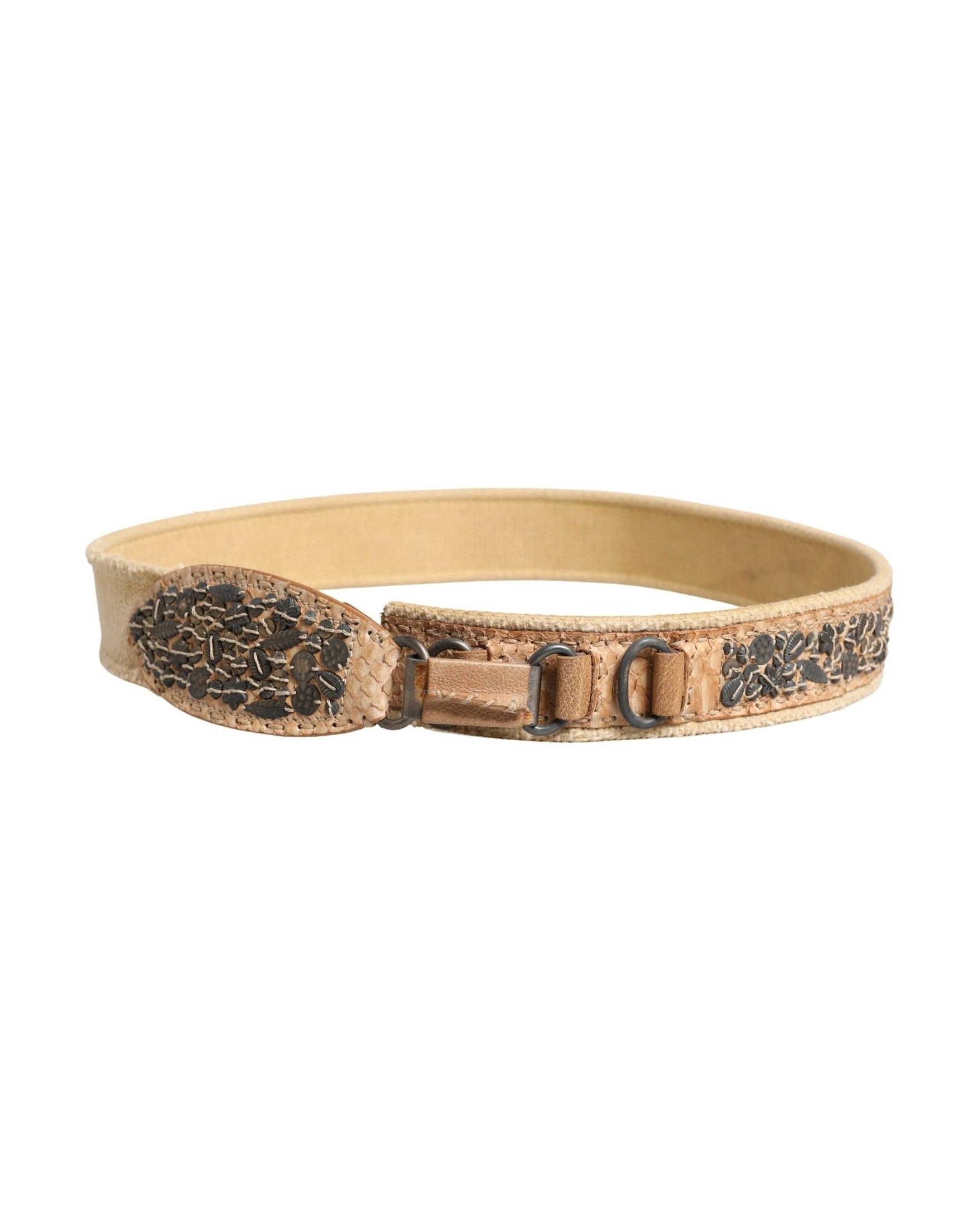 Ermanno Scervino Beige Canvas Embellished Metal Buckle Belt Glam Steals
