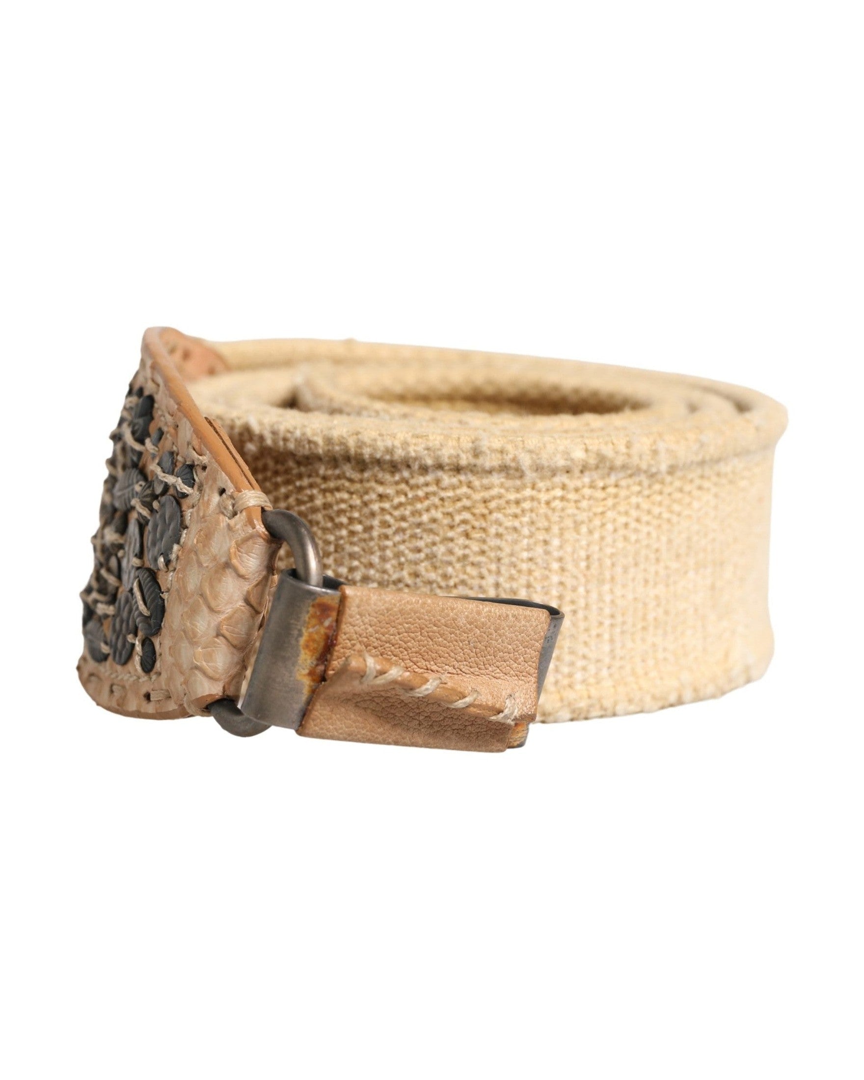 Ermanno Scervino Beige Canvas Embellished Metal Buckle Belt Glam Steals