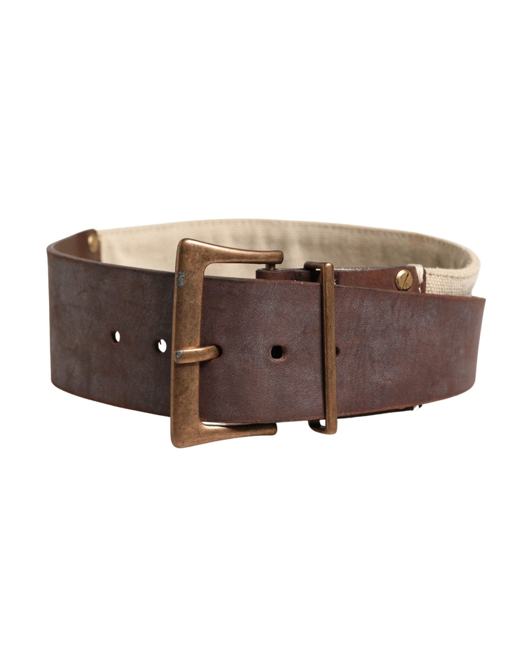 Ermanno Scervino Brown Leather Beige Canvas Metal Buckle Belt Glam Steals