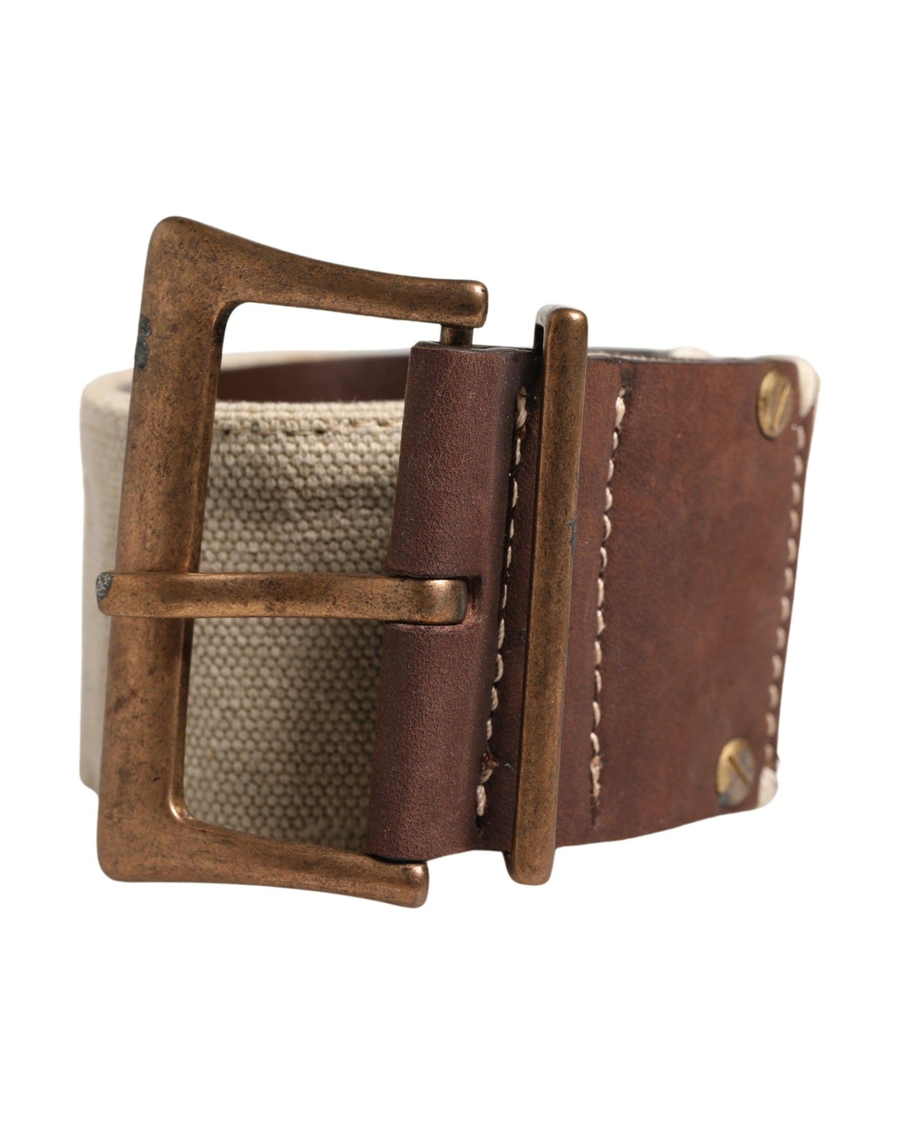 Ermanno Scervino Brown Leather Beige Canvas Metal Buckle Belt Glam Steals