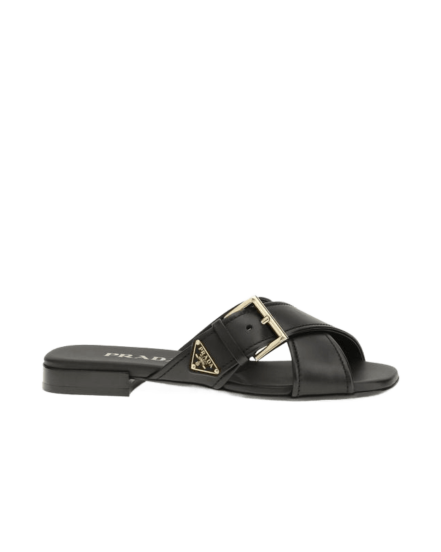 Prada Black Calf Leather Bos Taurus Flat Sandals Glam Steals