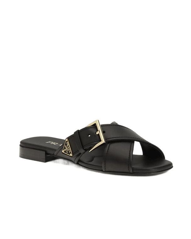 Prada Black Calf Leather Bos Taurus Flat Sandals Flats