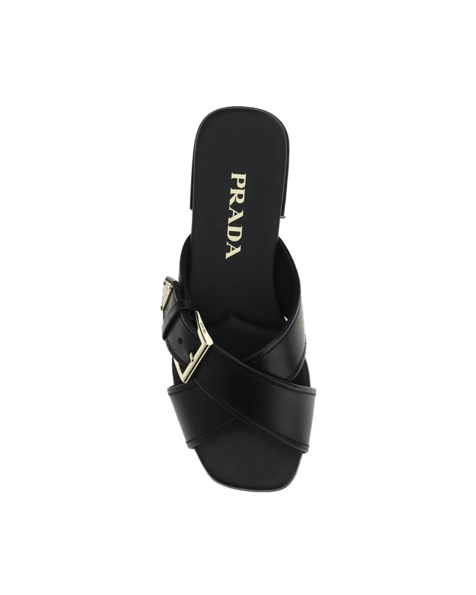 Prada Black Calf Leather Bos Taurus Flat Sandals Flats