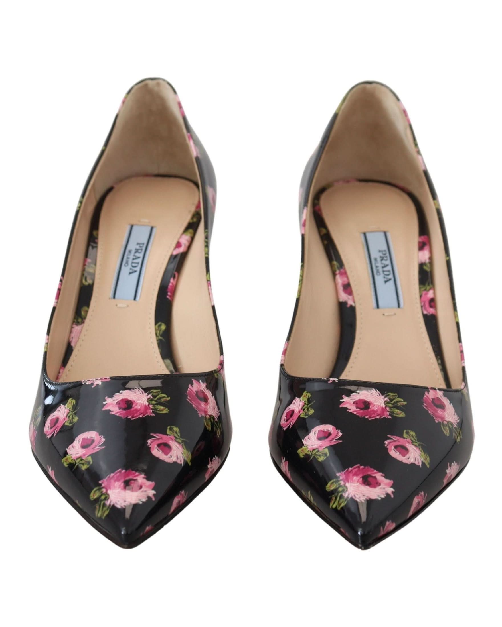 Prada Black Leather Floral Heels Stilettos Pumps Heels