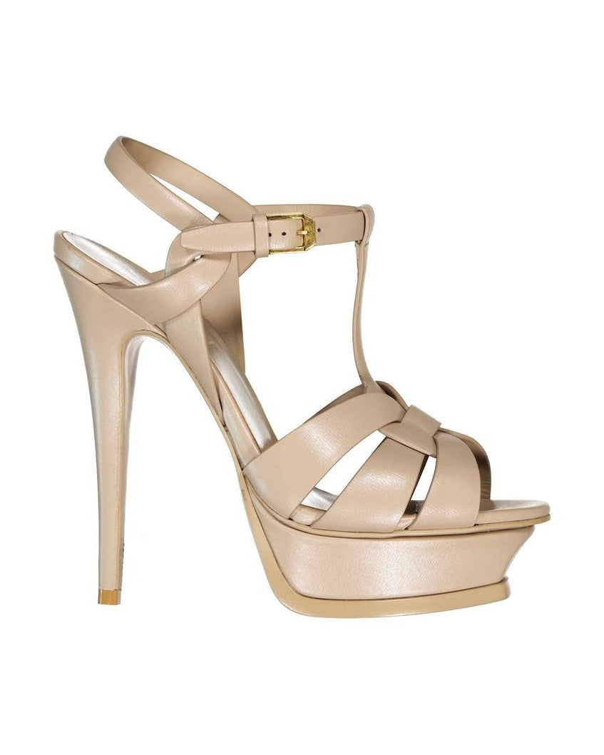 Saint Laurent Beige Calfskin Platform Sandals Heels