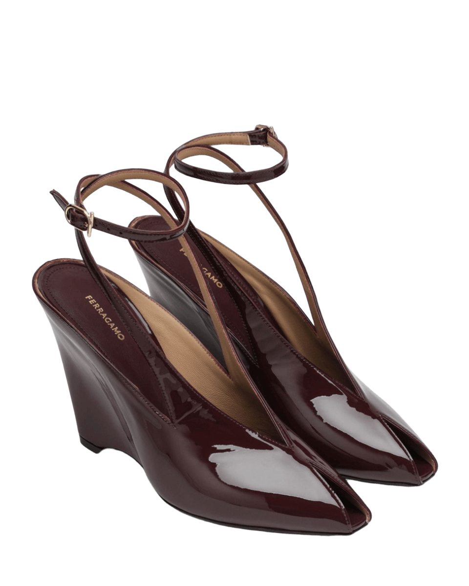 Salvatore Ferragamo Peep Toe Wedge Sandals in Bordeaux Glam Steals