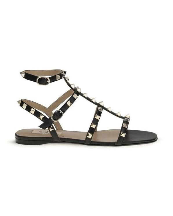Valentino Garavani Black Calf Leather Bos Taurus Flat Sandals Sandals