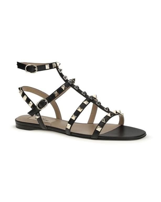 Valentino Garavani Black Calf Leather Bos Taurus Flat Sandals Sandals