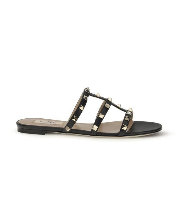 Valentino Garavani Black Calf Leather Bos Taurus Flat Sandals Glam Steals