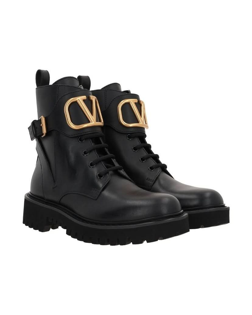 Valentino Garavani Black Lace Calfskin Up Boots Boots