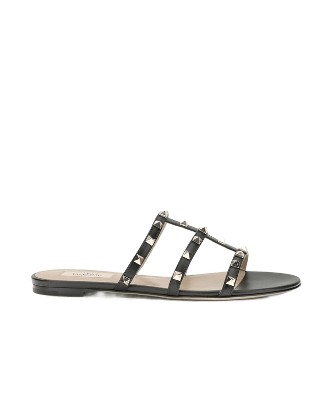 Valentino Garavani Black Calf Leather Bos Taurus Flat Sandals Glam Steals