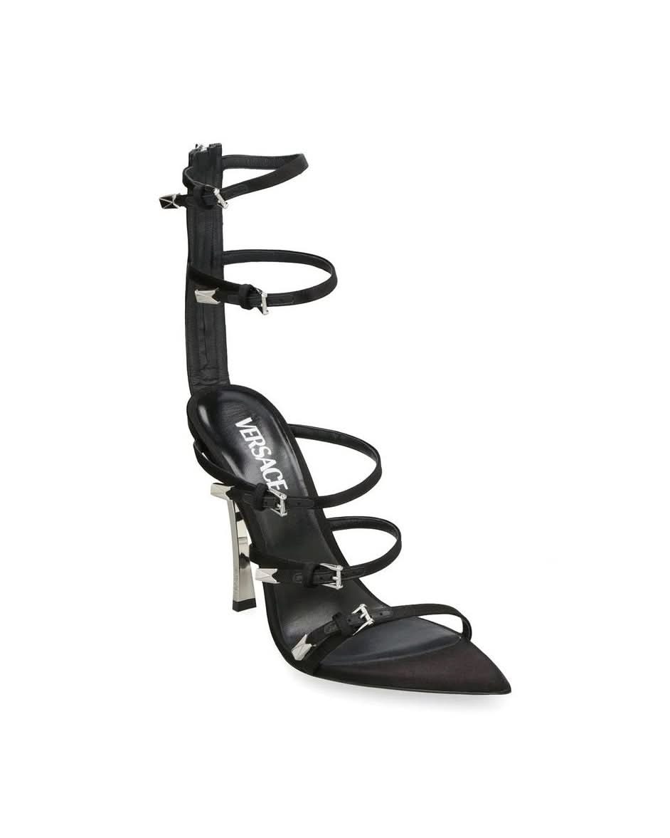 Versace Black Calfskin Stiletto Heel Sandals Heels