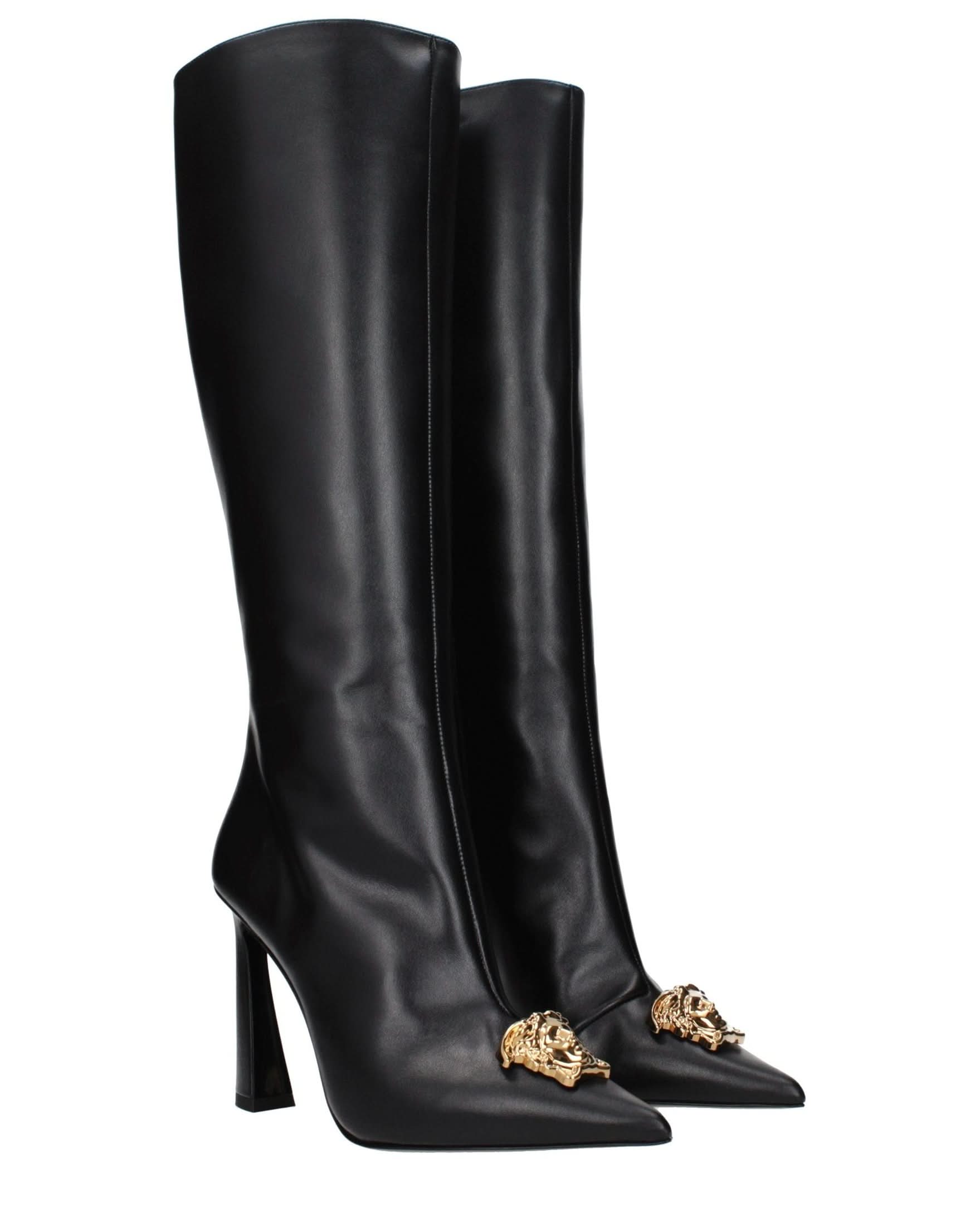 Versace Black Leather High Heel Boots Glam Steals
