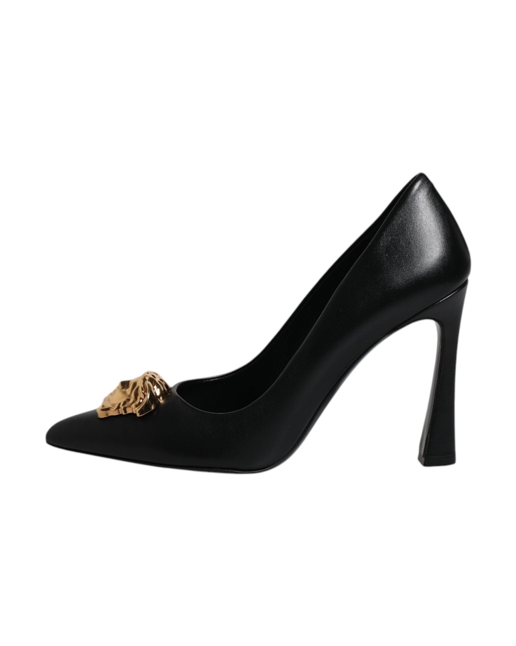 Versace Black Leather Logo Plaque High Heels Pumps Shoes Glam Steals