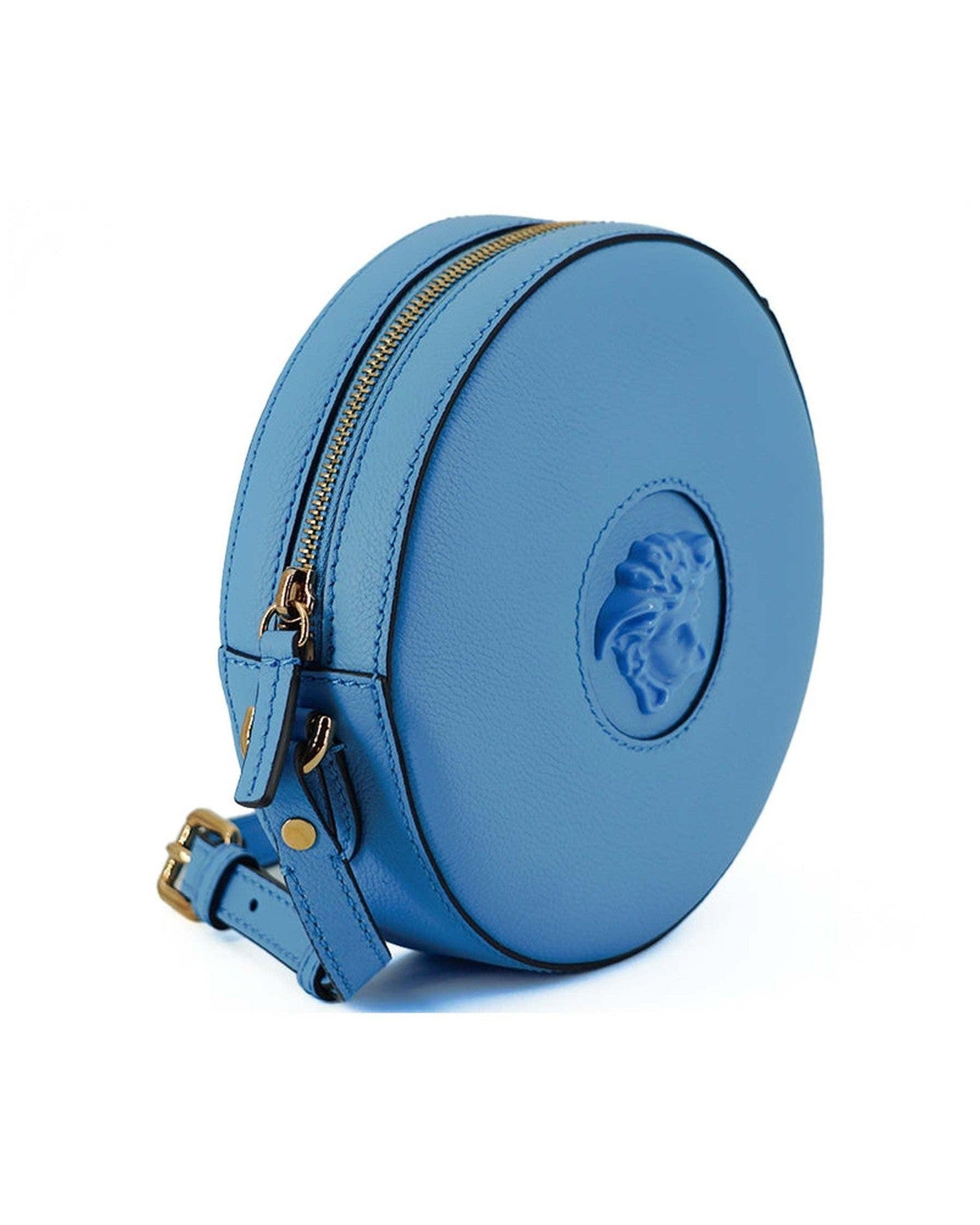 Versace Blue Leather Chic Round Shoulder Bag Glam Steals