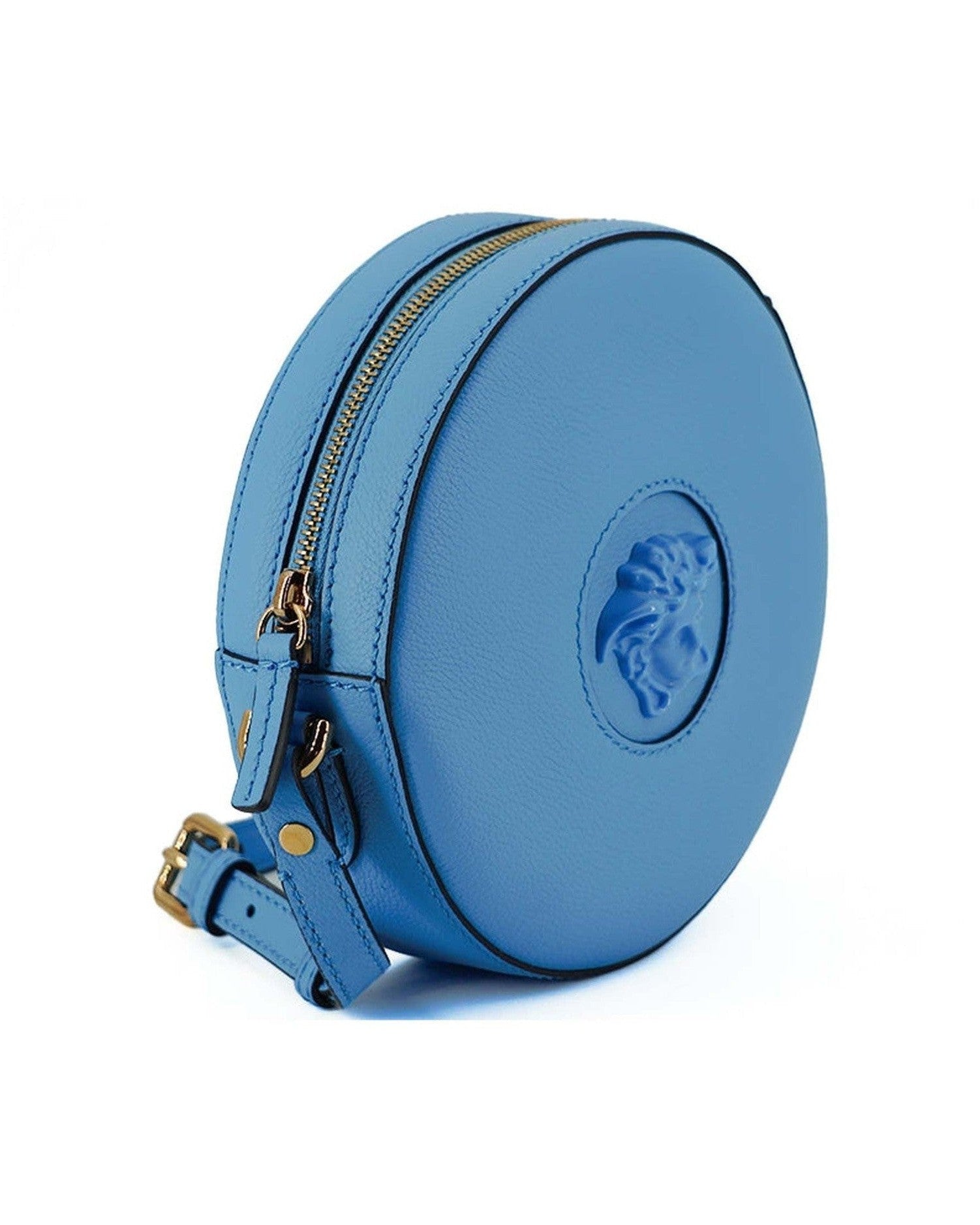Versace Blue Leather Chic Round Shoulder Bag Glam Steals