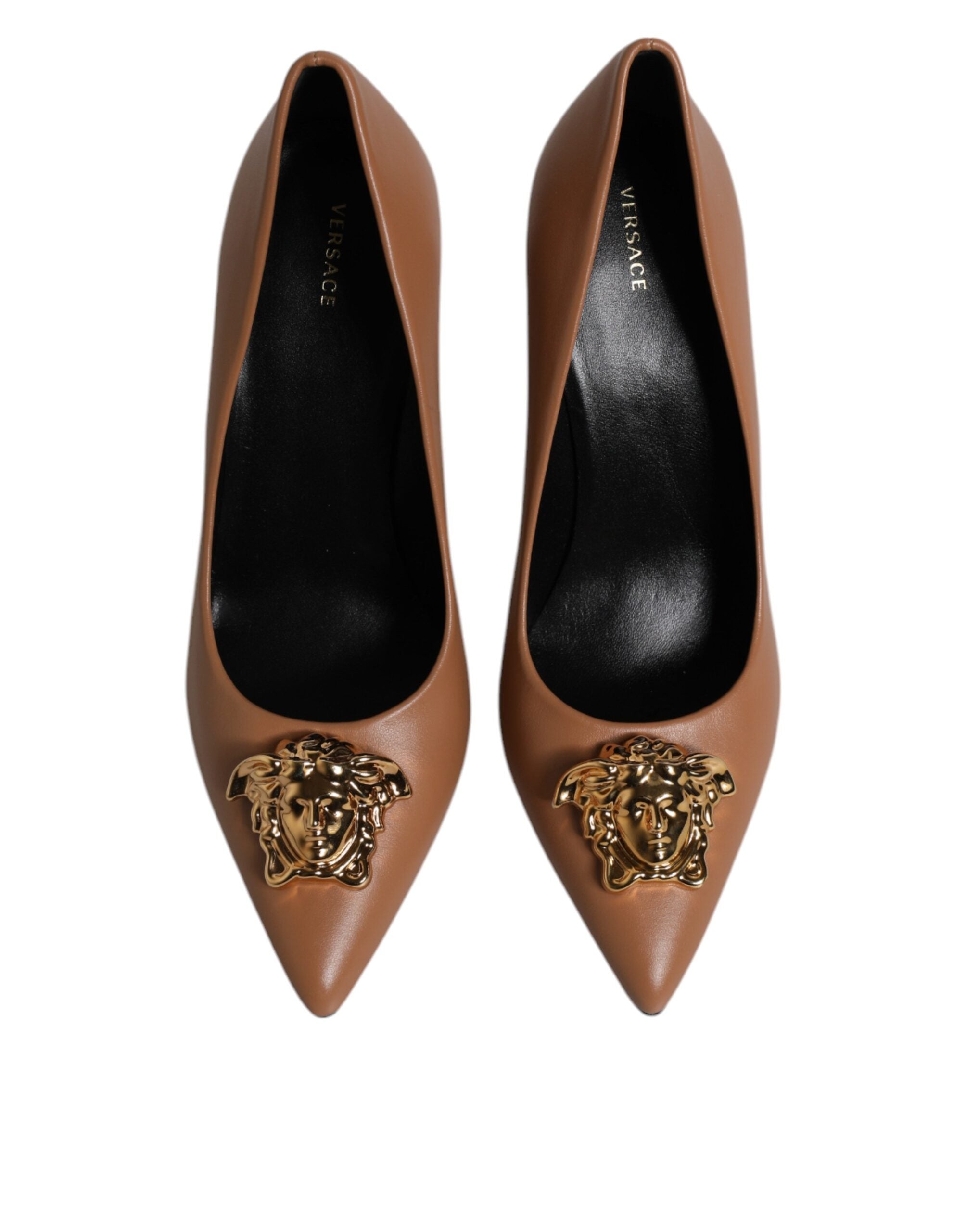 Versace Brown Leather Logo Plaque High Heels Pumps Shoes Glam Steals