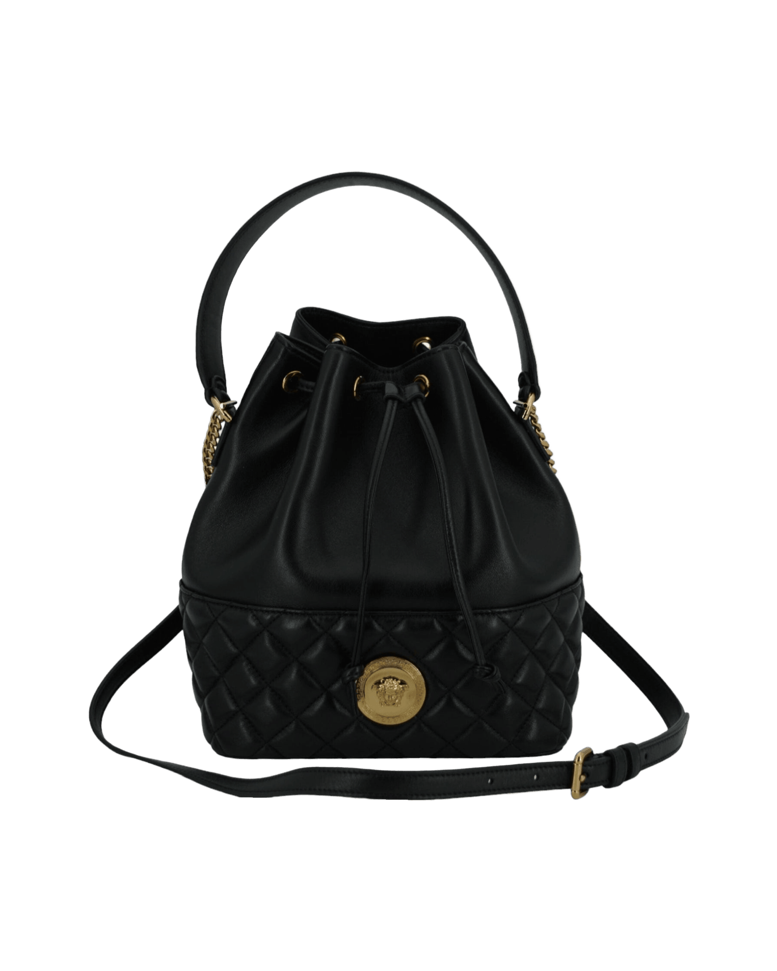 Versace Elegant Black Leather Medusa Bucket Shoulder Bag Glam Steals