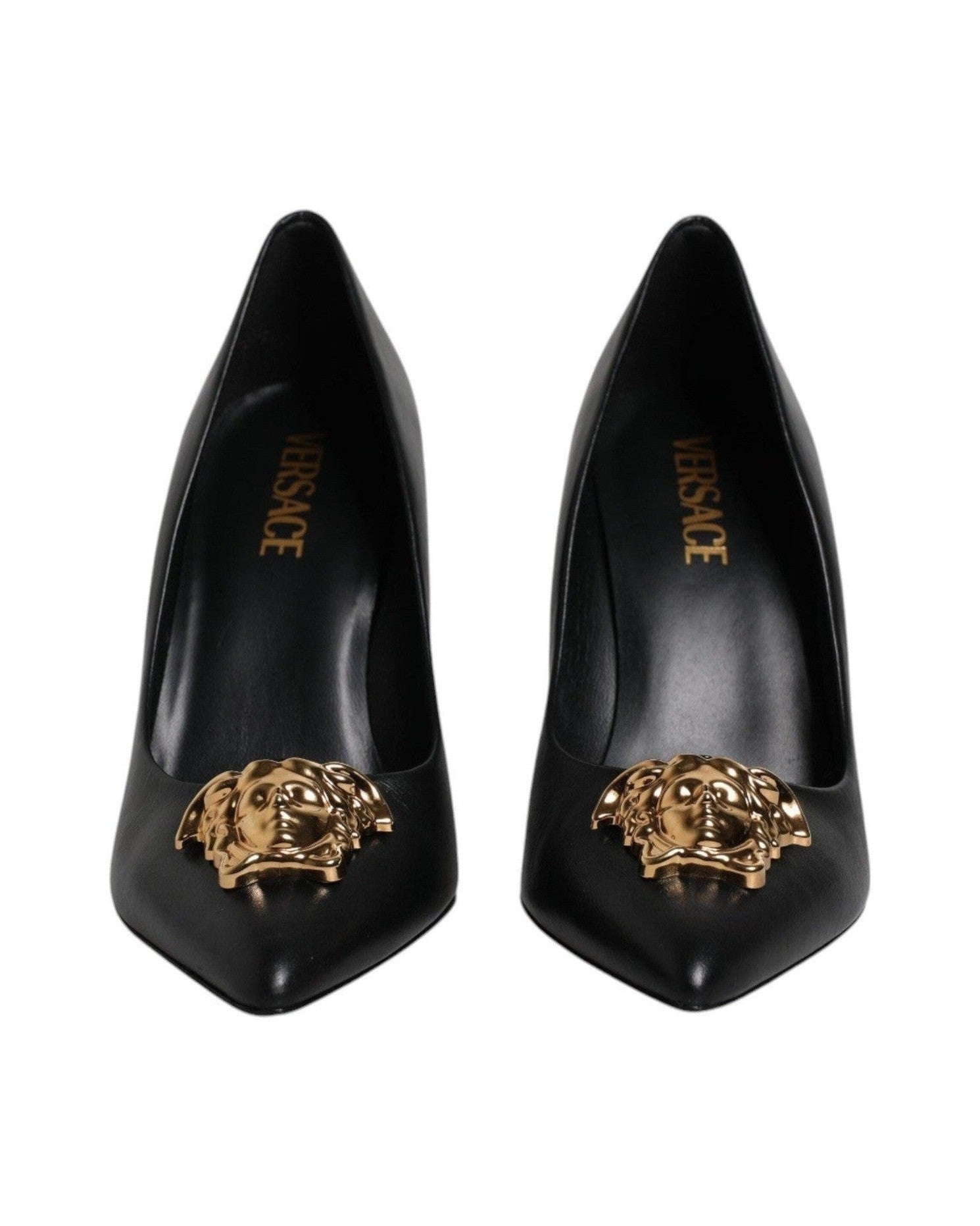 Versace Black Leather Logo Plaque High Heels Pumps Shoes Glam Steals