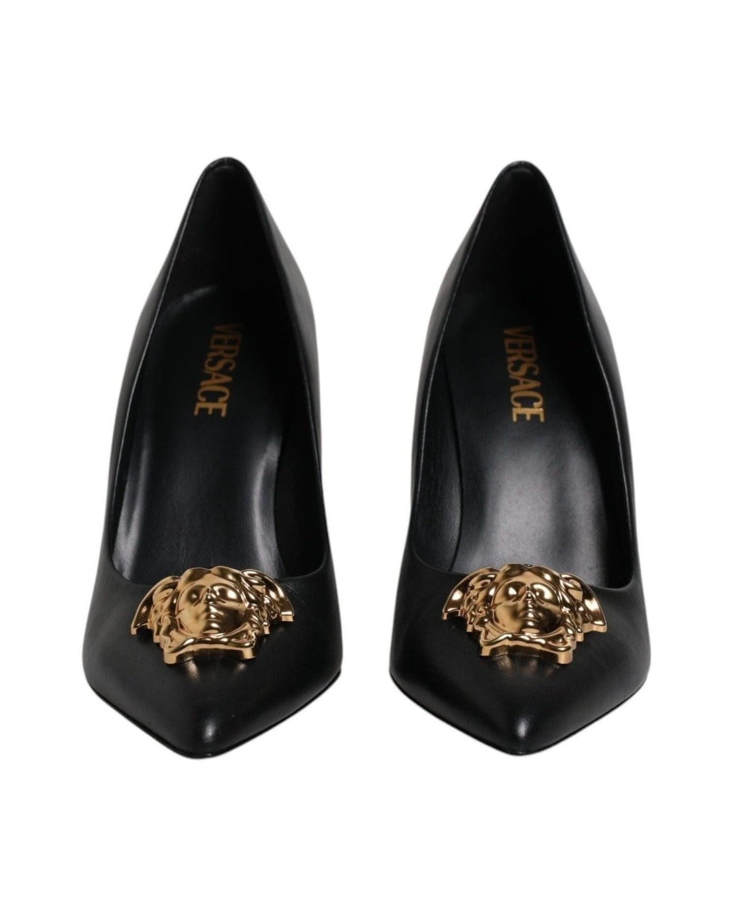 Versace Leather Black Logo Plaque High Heels Pumps Shoes Heels