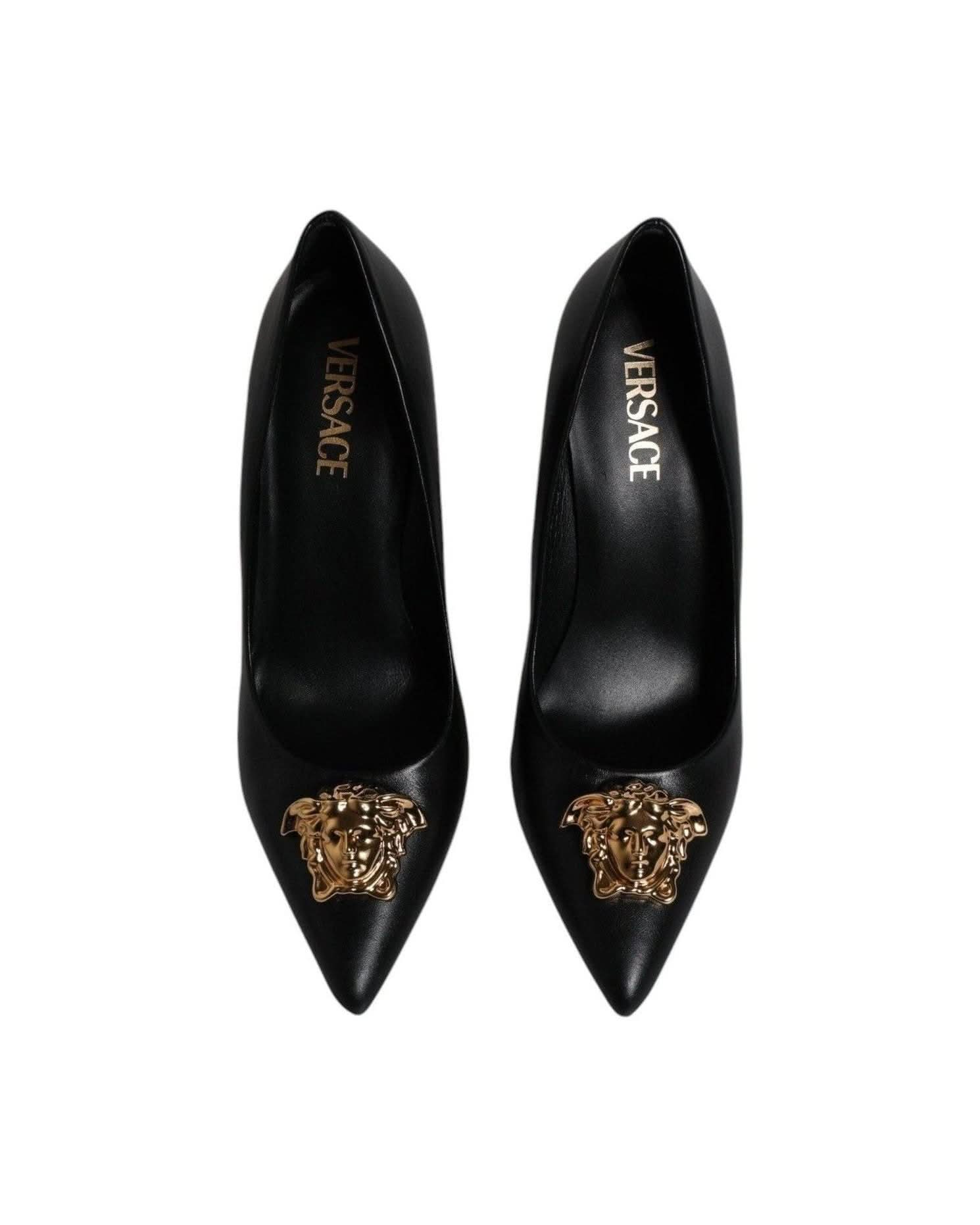 Versace Leather Black Logo Plaque High Heels Pumps Shoes Heels