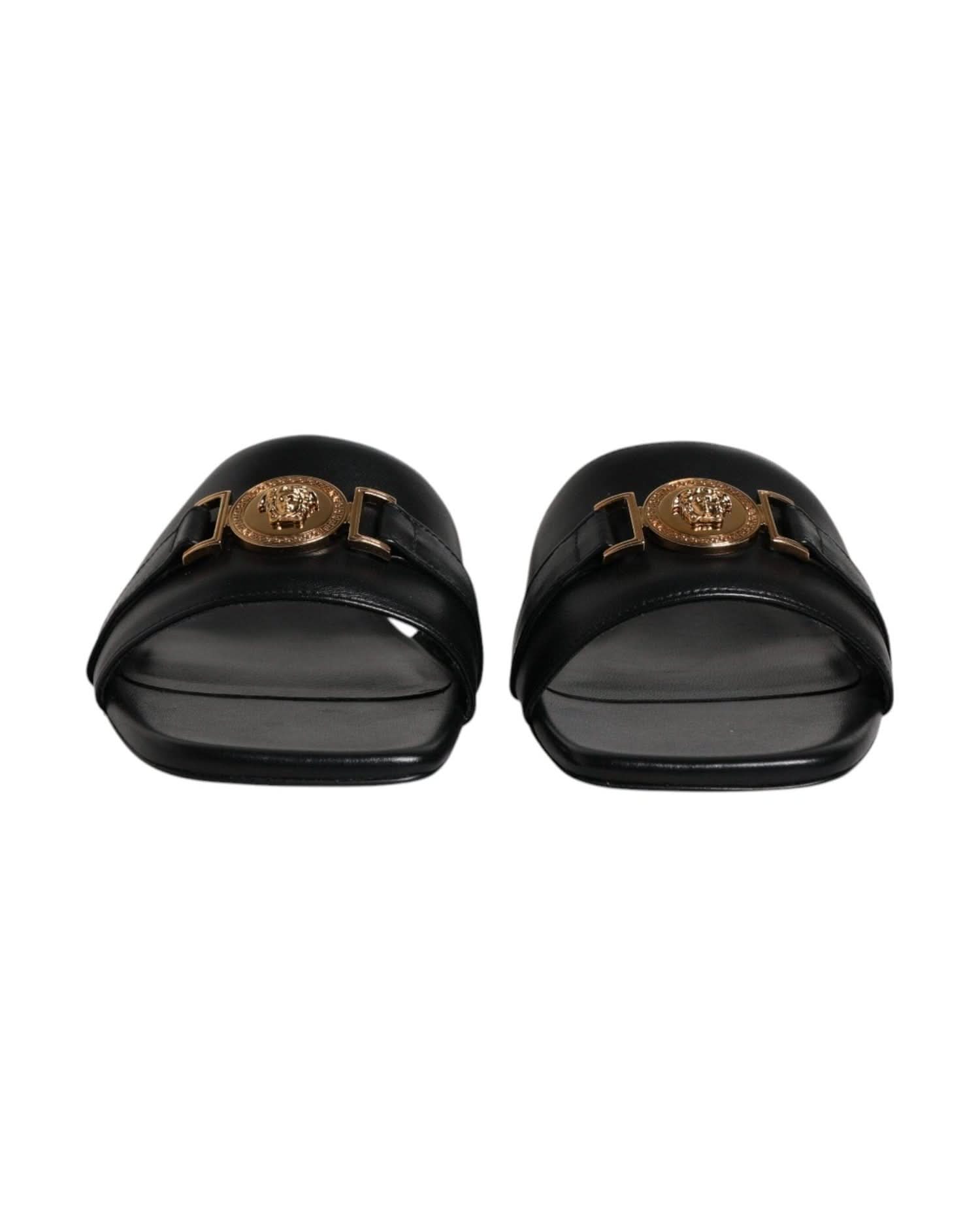 Versace Leather Black Logo Plaque Slip On Slides Flats Shoes Heels